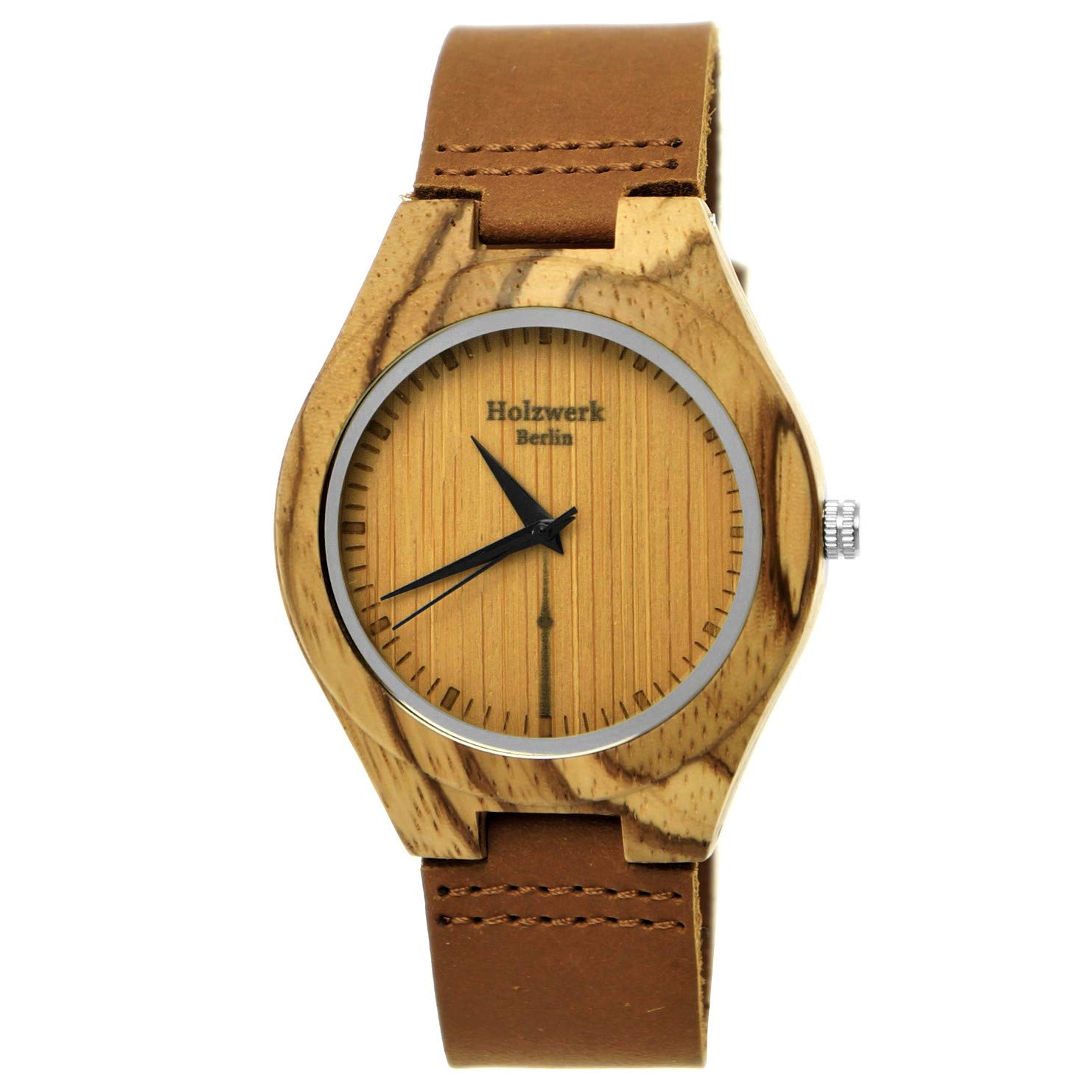 Holzwerk Germany Handgefertigte Berlin Designer Öko Unisex Damen Uhr Herren Öko Natur Holz Leder Armband Holzuhr Analog Klassisch Quarz- in Braun mit Berliner Fernsehturm