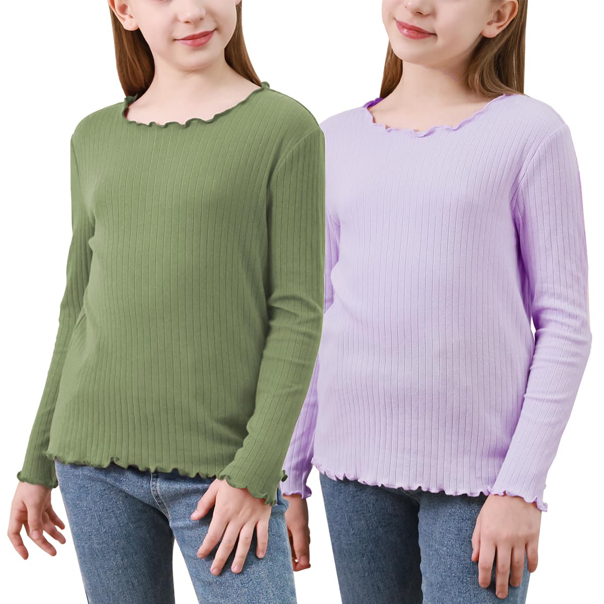 GORLYA 2 Pack Girls Lettuce Trim Basic Solid Tee Shirts Ribbed Knit Casual Blouse Tops for 4-14T
