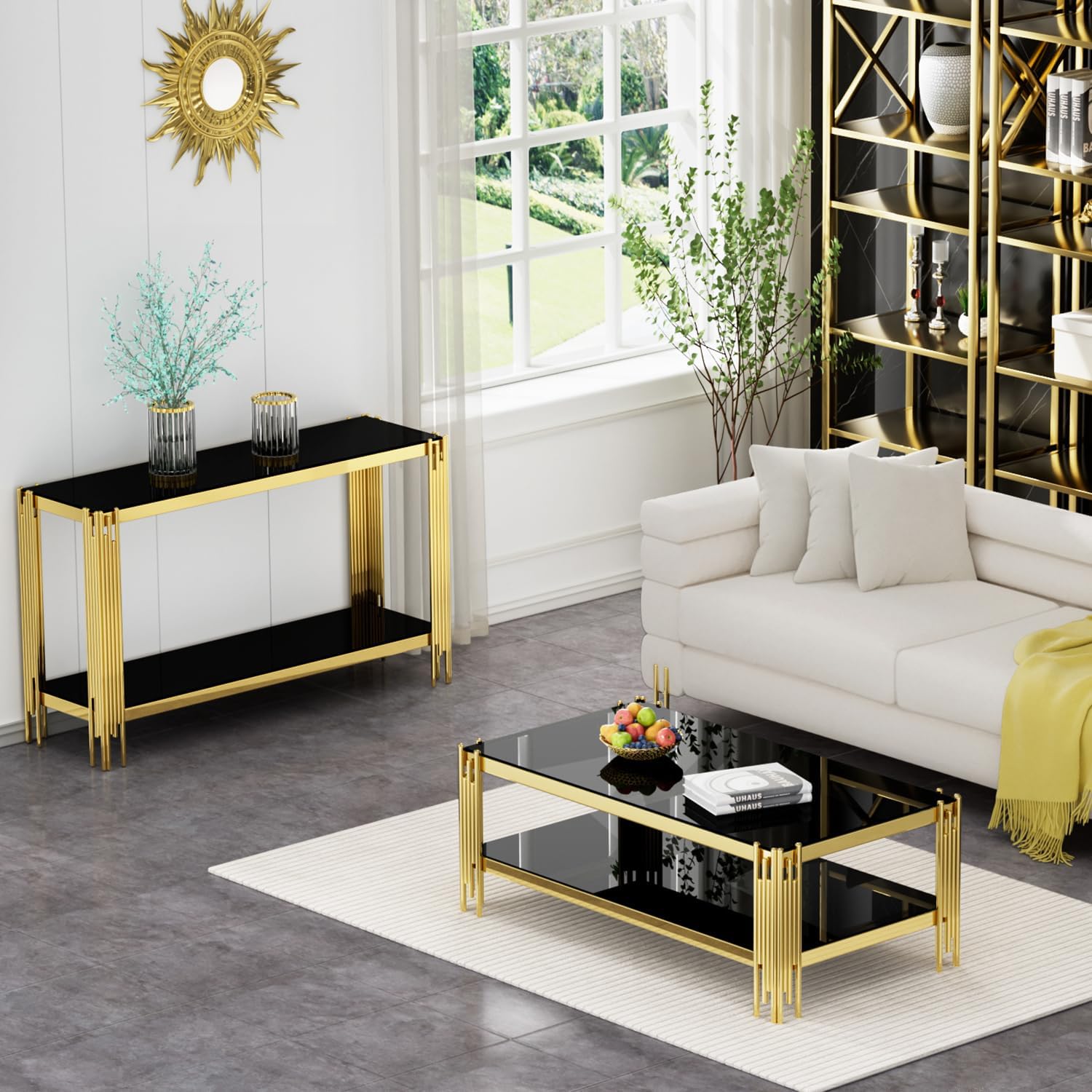 Goujxcy Gold Coffee Table Set of 2 Modern Rectangle Blaack Glass Coffee Table Console Table with Stainless Steel Frame 2 Pieces Living Room Center Table Sofa Entryway Table for Home Office