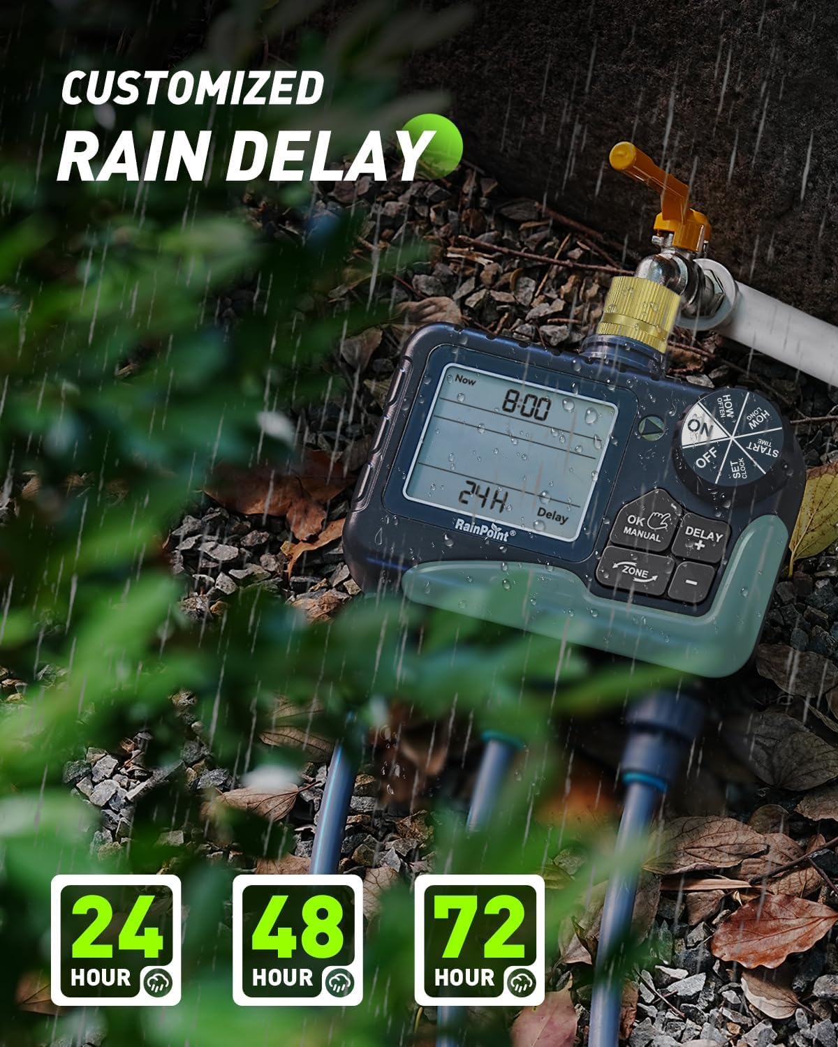 RAINPOINT Irrigation Computer showing rain delay options for 24, 48, or 72 hours
