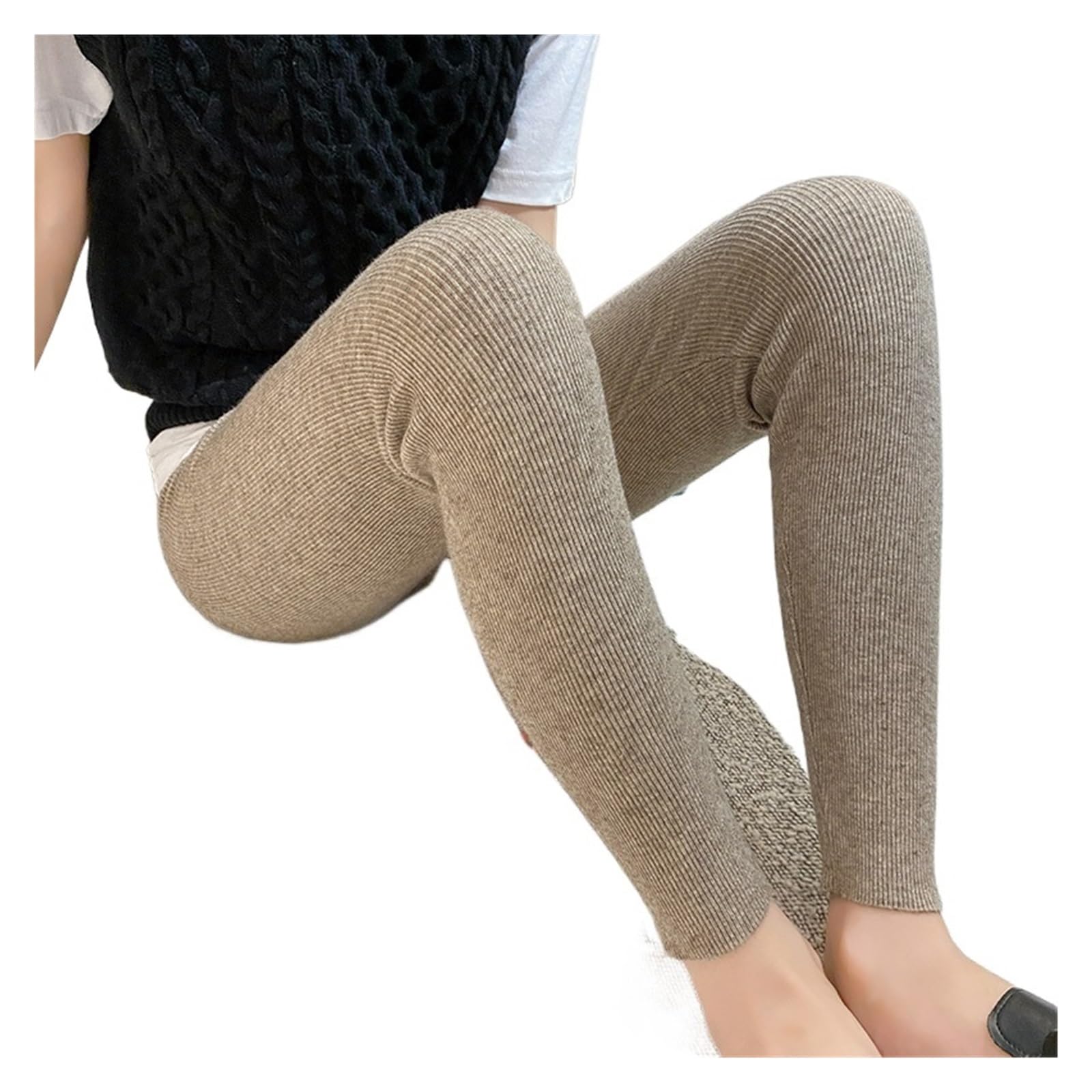 Leggings Termici Autunno Inverno Donna Leggings ispessenti Vita a Costine a Righe Verticali Leggings Lavorati a Maglia Casual Collant Caldi e usurati(Light Camel,L)