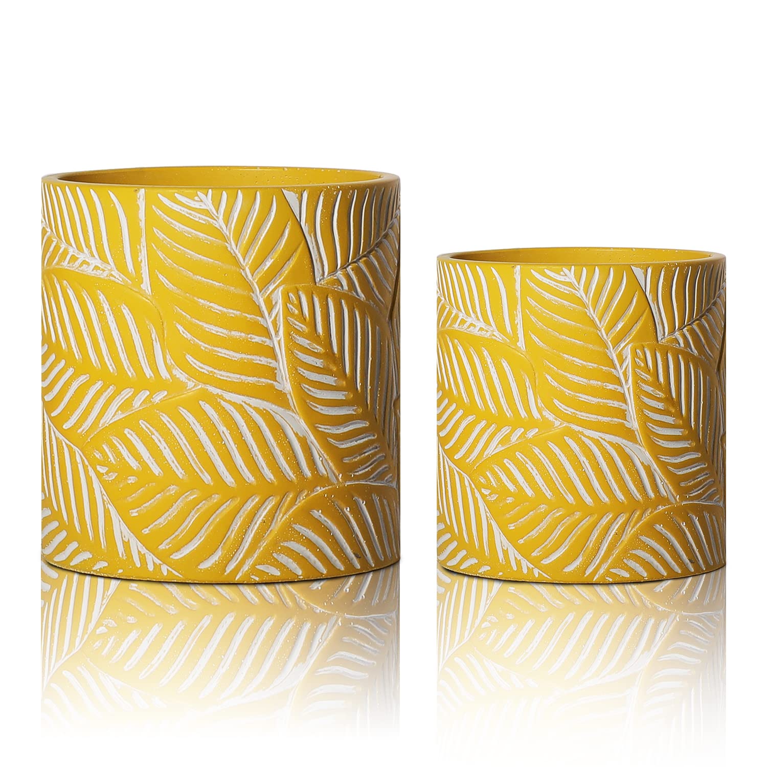 Mozing Cement Plant Pot Set Indoor - Modern Concrete Flower Planter Pots - 2 Packs of Stone Clay Pot with Drainage Hole for Home & Office Decor (4.8 + 6 Inch, Yellow)