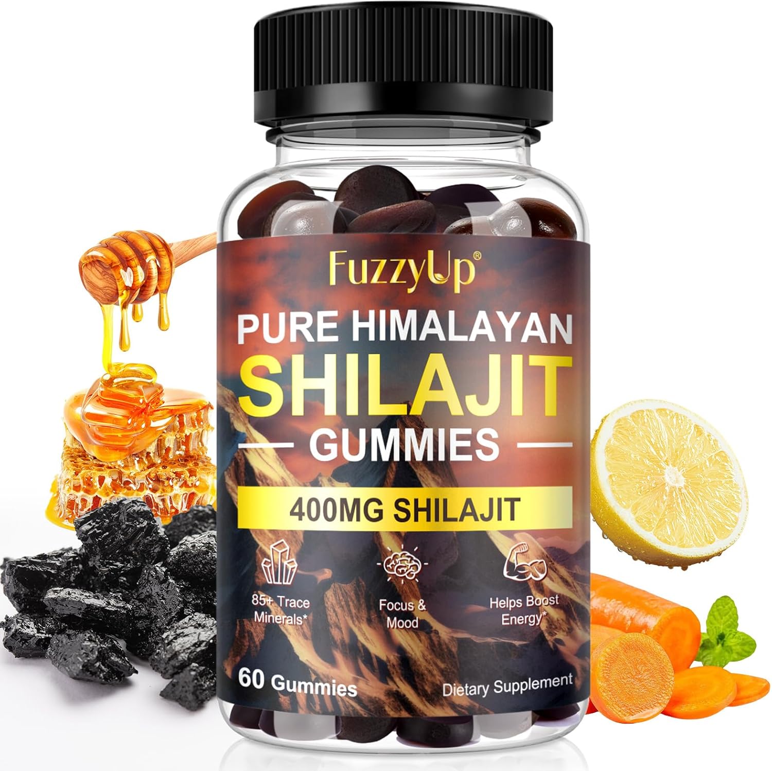 Shilajit Gummies, 60ct Pure Himalayan Shilajit Gummies, Himalayan Shilajit for Men and Women, Contain 85+ Trace Minerals, Non-GMO, Natural & Organic, Helps Boost Energy, Focus & Mood, Immune Support