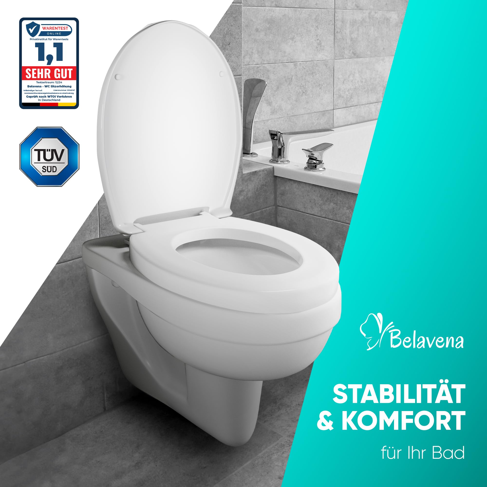 BELAVENA® WC Sitzerhöhung 5cm inkl. Absenkautomatik für bequemes Sitzen & Aufstehen | Erhöhter Toilettensitz aus Duroplast bis 200 kg belastbar | Toilettensitzerhöhung - Raised Toilet Seat