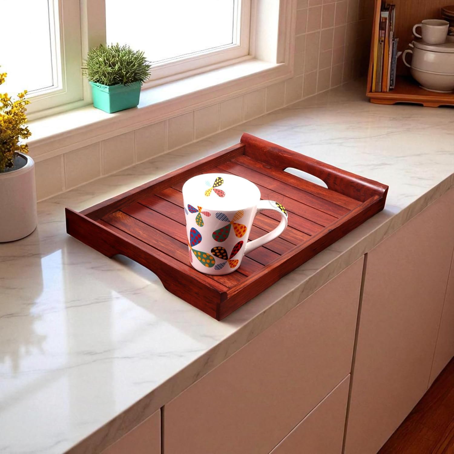 Handmade Decorative Nested Wooden Serving Trays for Home Kitchen & Dinnig Table Breakfast Coffee Butter Serving Table Decor, Gifts, Standard Brown (14x10x1.5 inch)