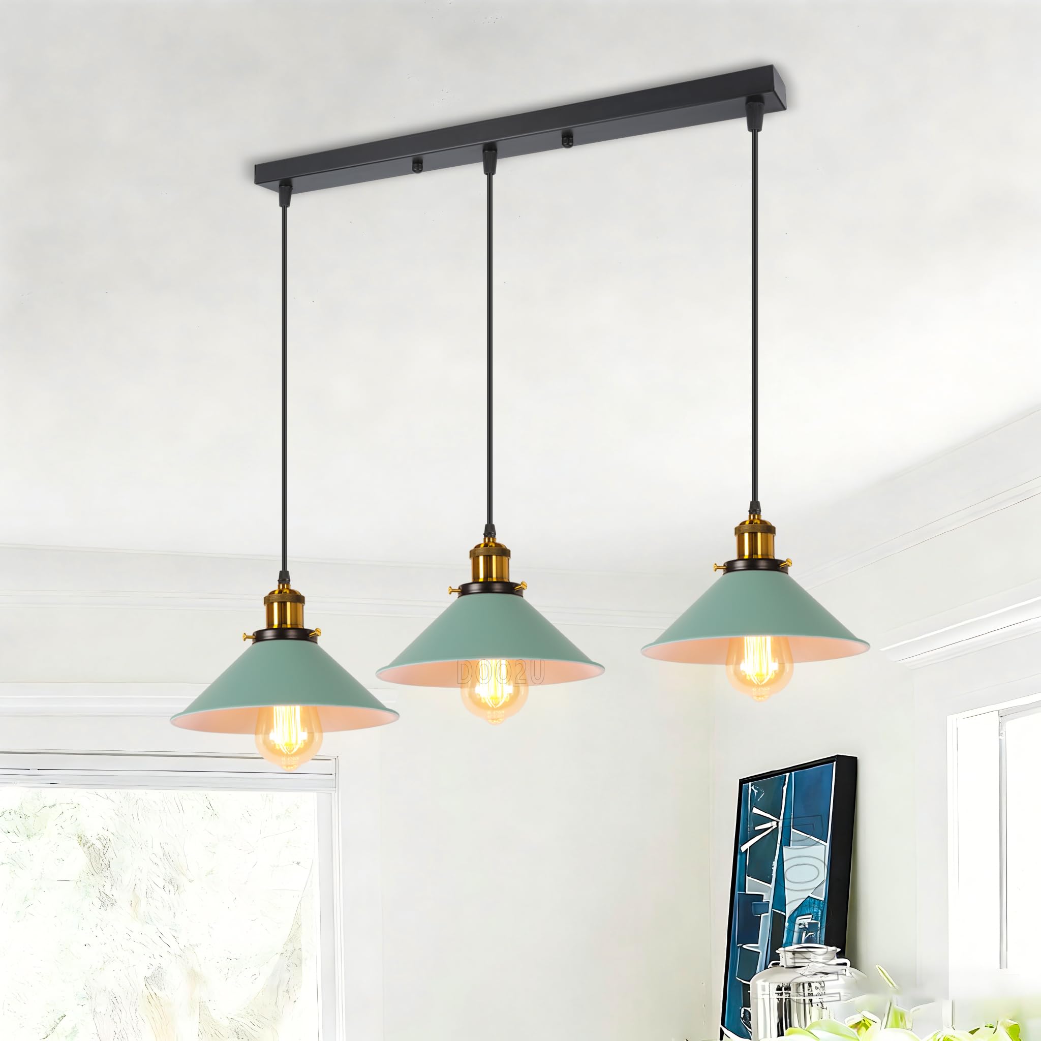 Lampadario a sospensione industriale 3 Luci Plafoniera Vintage Metallo Lampada da soffitto in Stile Edison Attacco E27 Paralume Ø22cm per Cucina Caffè Bar (Verde)