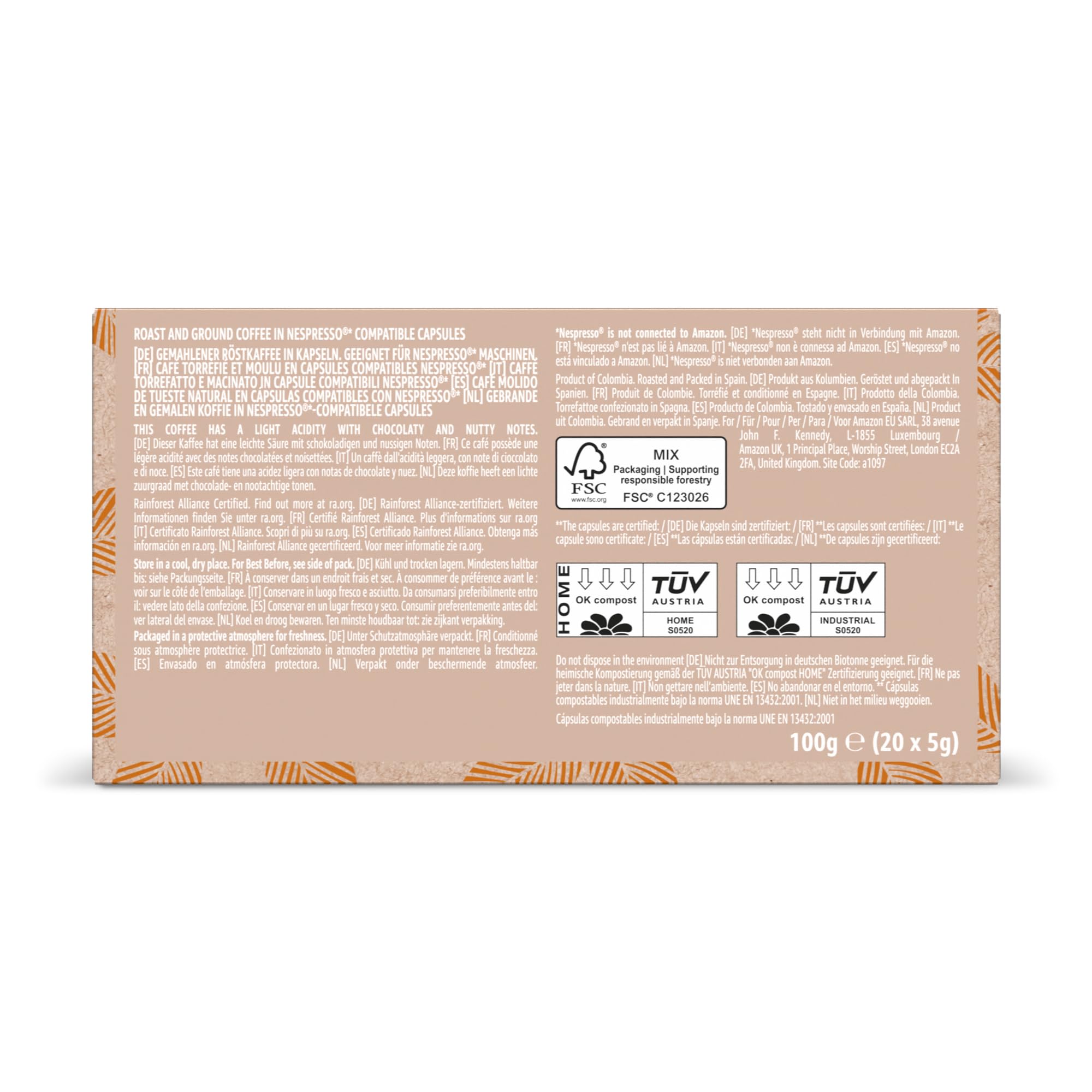 by Amazon Cápsulas de Café Compostables en Casa Compatibles con Nespresso, 100% Arábica Colombiana, 20 Unidades, Certificadas por Rainforest Alliance