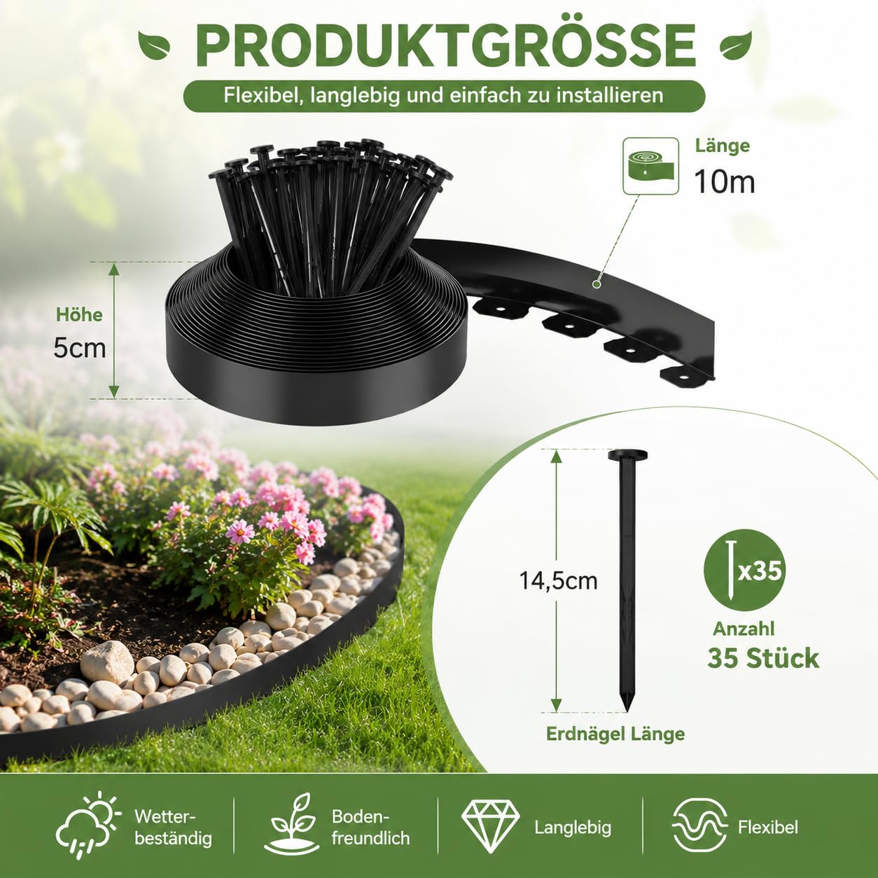 Rasenkante 10 m aus Kunststoff – Flexible Beeteinfassung & Gartenkante mit 35 Erdspießen, 5 cm hoch, schwarz – Für Beetumrandung, Mähkante, Rasenkante & Beetabgrenzung – Ohne Graben