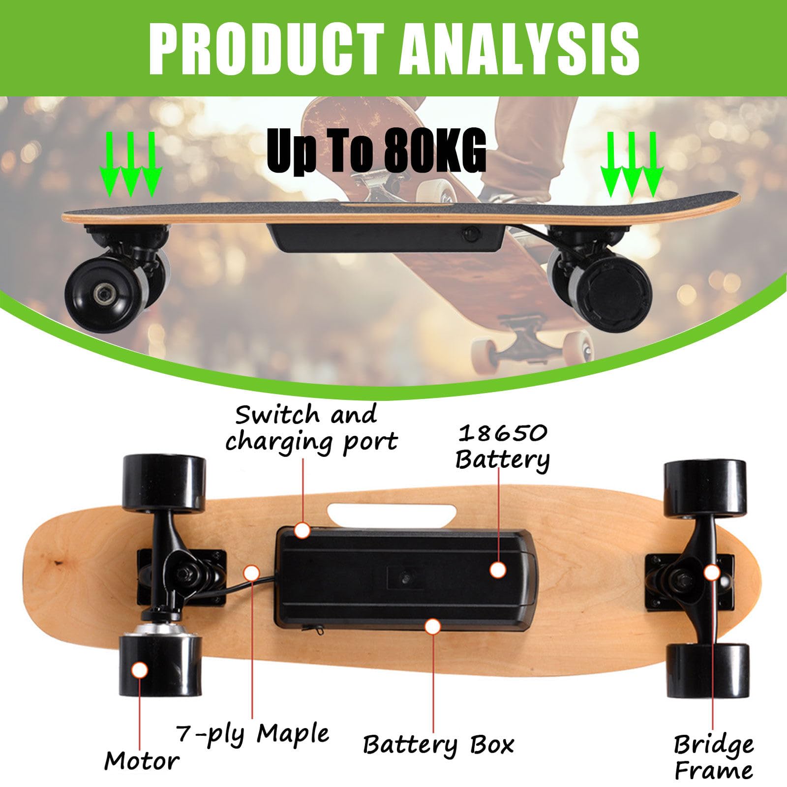Longboard électrique, Planche à roulettes, avec Moteur hub Simple/Dual, autonomie de 8 à 30 km, Vitesse maximale de 22-40 km/h, capacité de 80-150kg Single-Drive-8km