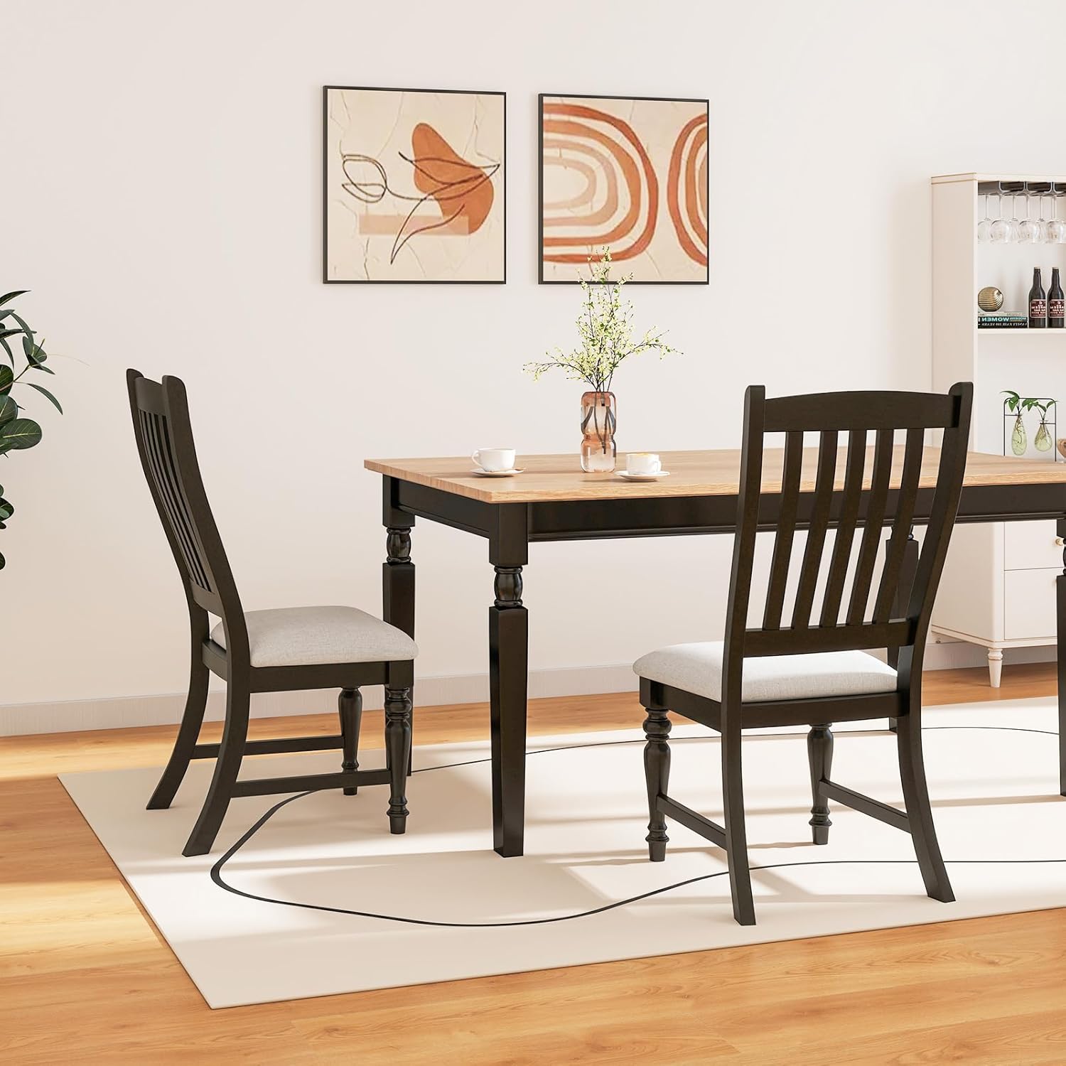 Giantex Wood Dining Chairs Set of 2, Farmhouse Black Kitchen Chair with Solid Wood Frame, Max Load 355 Lbs, Armless Upholstered Dining Side Chairs with Cushion Seat, Slat Back Dining Room Chairs
