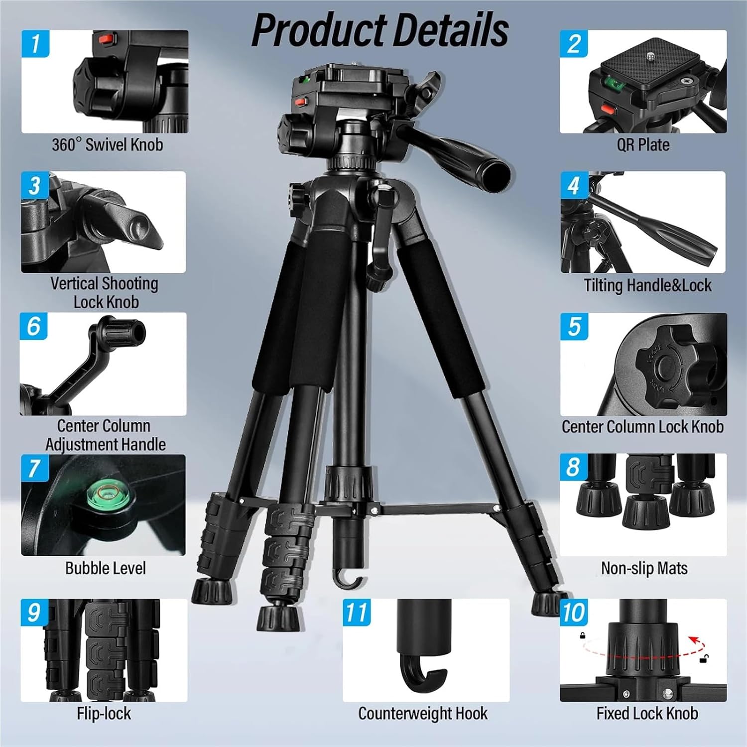 Compatible for Camera & Phone, 60" Heavy Duty Iron Tripod for Video Recording, Photo & Vlog