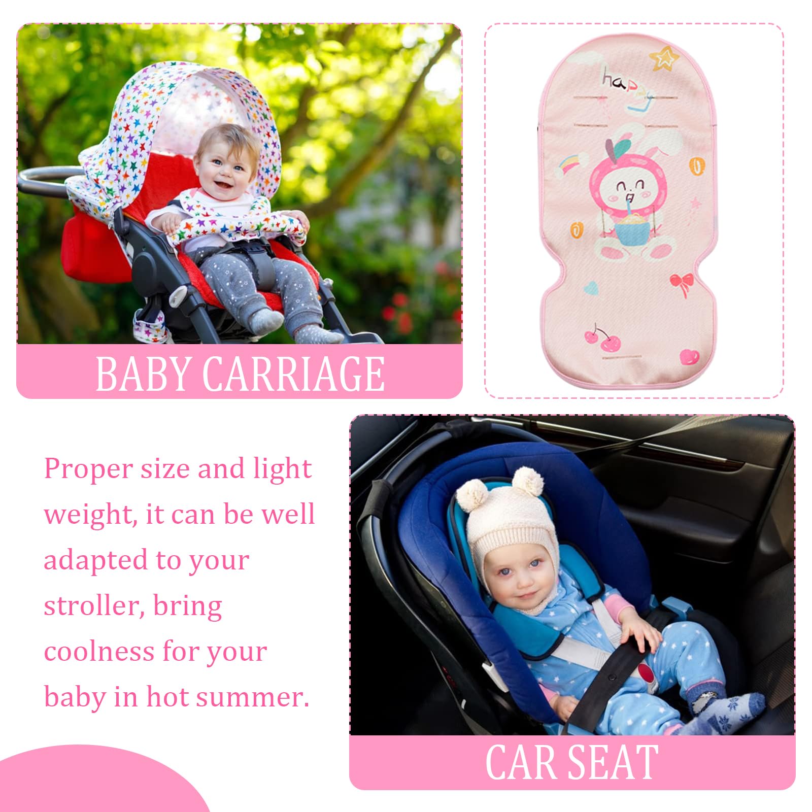 Sitzauflage Kinderwagen Sommer Kinderwagen, 5 Punkt Gurt Kühlkissen Weiche Atmungsaktive, 3 Stück Kühler, Kissen Schulterpolster, Kopfkissenkinder, Mit Niedlichen Tieren (Hase)
