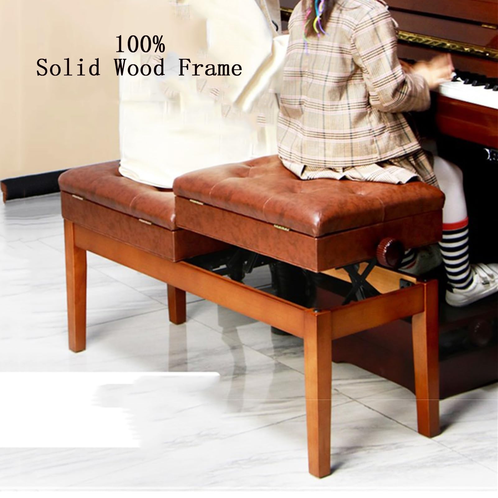 Sgabelli per pianoforte, Panca for pianoforte doppia regolabile in legno massello con contenitore for libri, bianco e nero, 661 libbre(White)