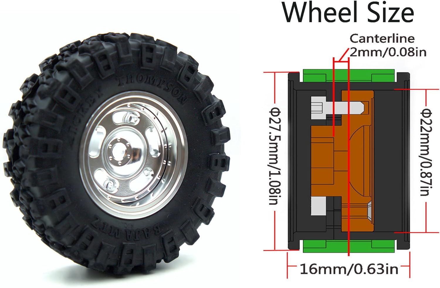 Rc 1.0 Beadlock Wheel Tires Set -2mm Offset Wheel Rims for 1/18 1/24 RC Crawler Car Axial SCX24 AX24 TRX4M FCX24 Upgrade TW1002 (Silver)