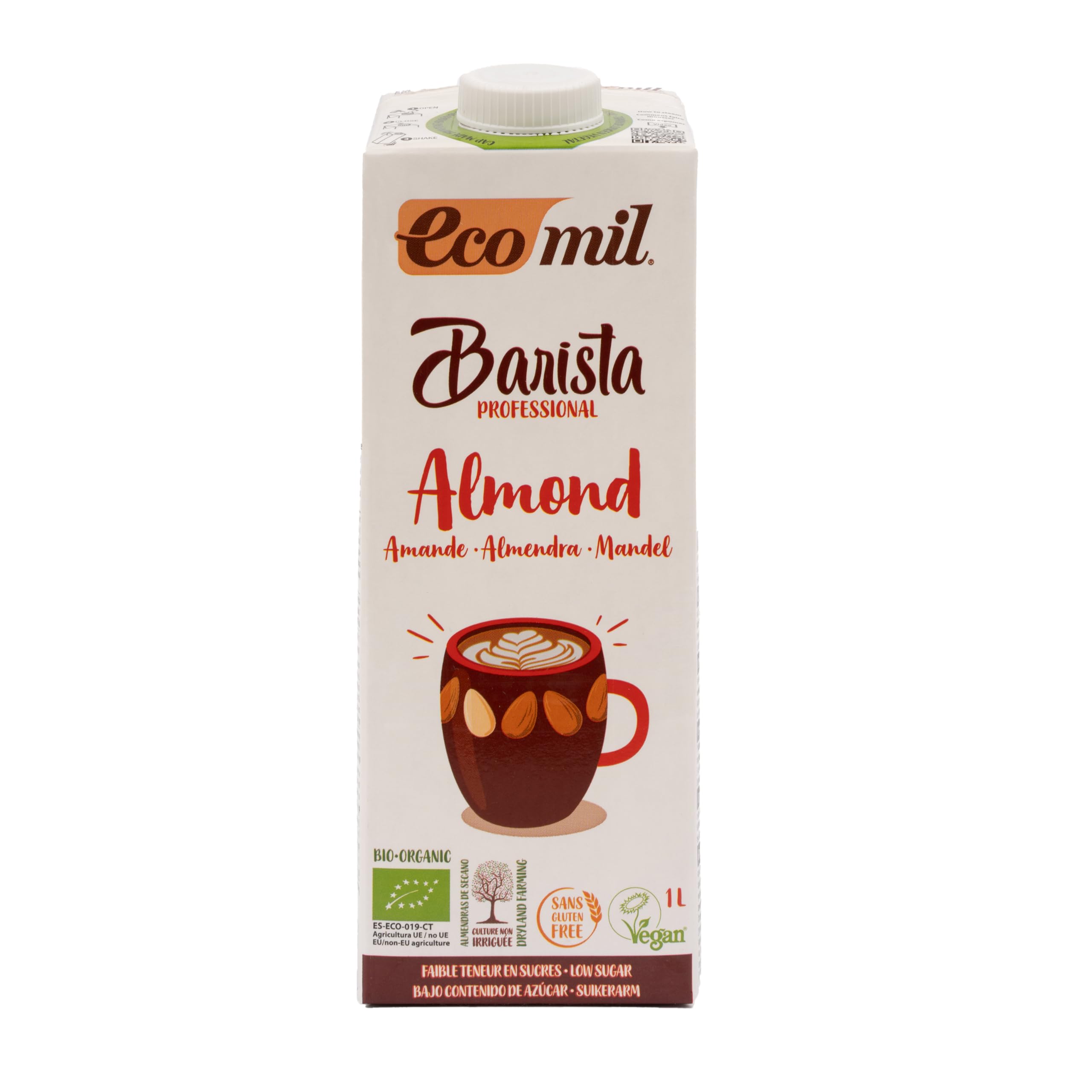 ECOMIL Barista Almond Bio, Bebida de Almendra Bio Especial para Barista, Sin Lactosa, Sin Gluten, Sin Soja, Sin Huevo, Sin Proteína Láctea, Bajo Contenido en Sal y Vegano, 1 L