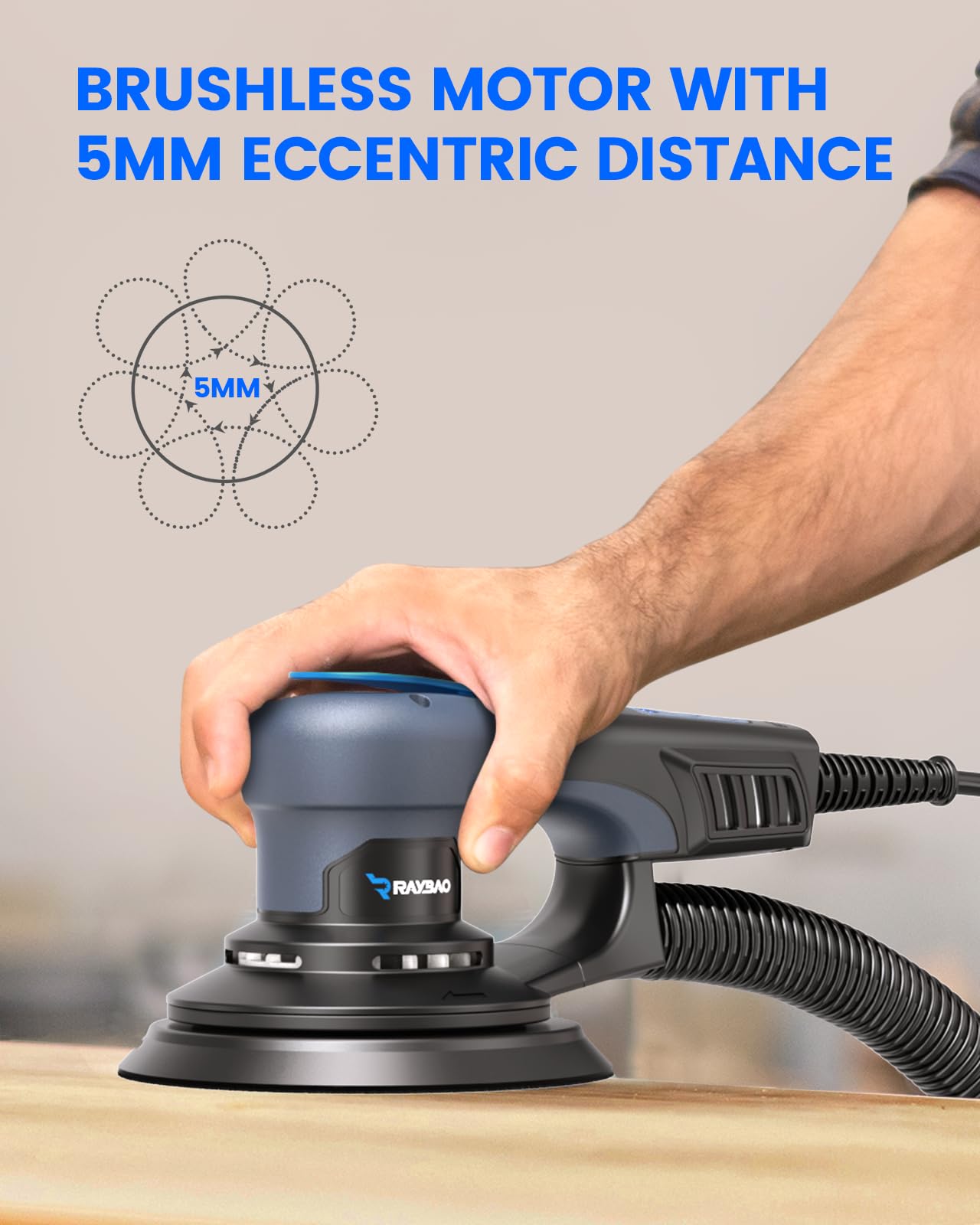 Lijadora orbital sin escobillas, 350 W, disco de lijado de 150 mm, excentricidad de 5 mm | Lijadora excéntrica de 6 niveles hasta 10.000 rpm, baja vibración, ligera, lijadora externa para superficies de madera