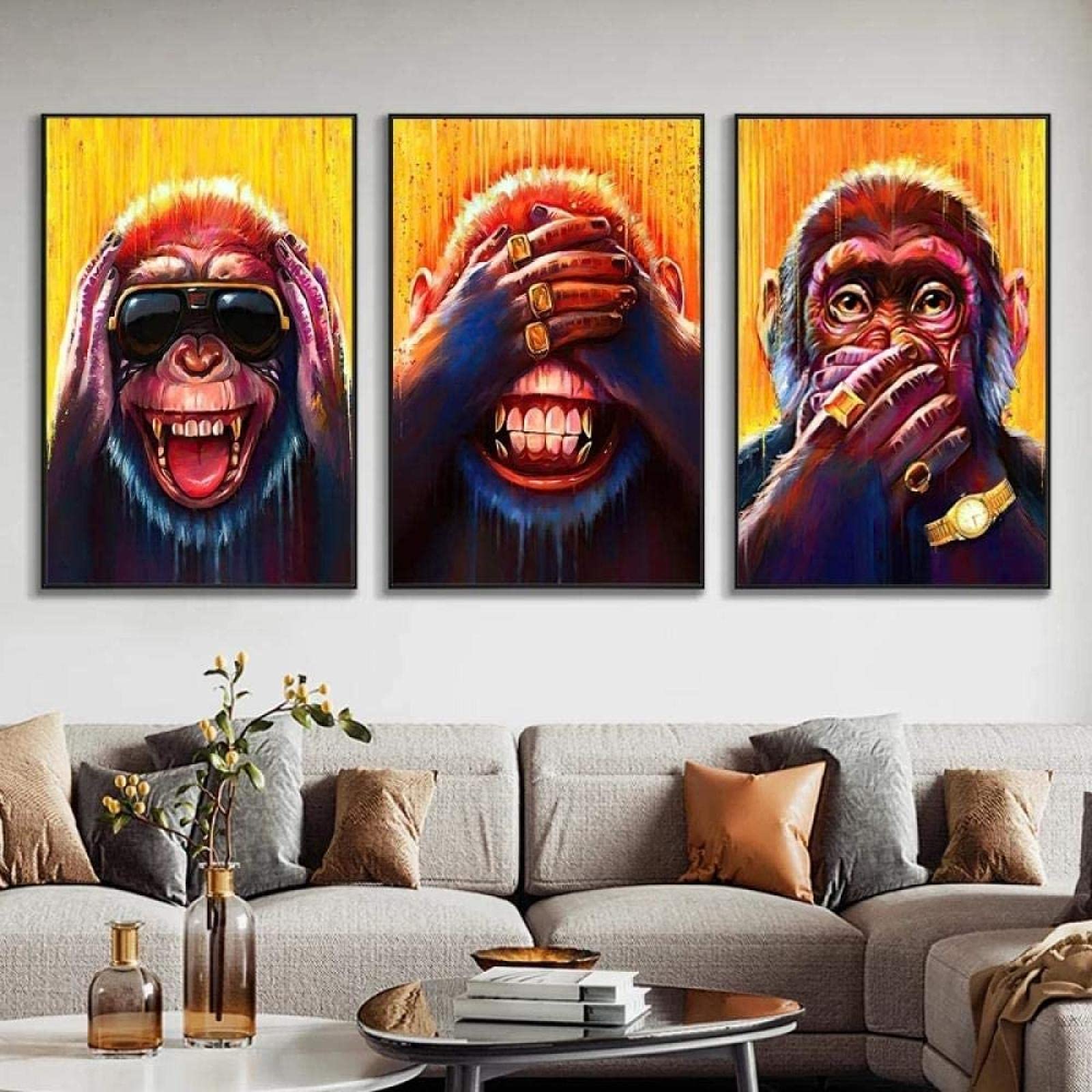 SHSYFBH Pittura su Tela Astratta Divertente Scimmia Stampa Poster e Stampe Animali Scimmia Wall Art Immagini per Soggiorno Decorazioni per la casa 3 Pezzi 40x60 cm Senza Cornice