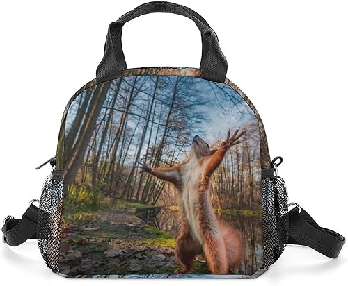 Lonchera térmica con estampado de ardilla en bosque, con soporte para botella de agua y correa de hombro extraíble, para mujer y niño