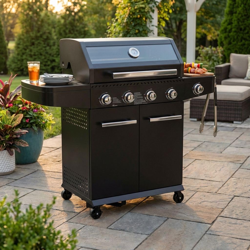 Milani Home - barbecue a gas da giardino, 4 fuochi + fornello laterale, metallo, con coperchio e ruote, nero