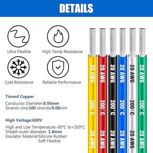 Vista 43 de Cable eléctrico de silicona calibre 22 Cable-HuLuWa 22 AWG Kit de cables de conexión de 6 colores (26.25 pies cada uno) alambre de cobre estañado