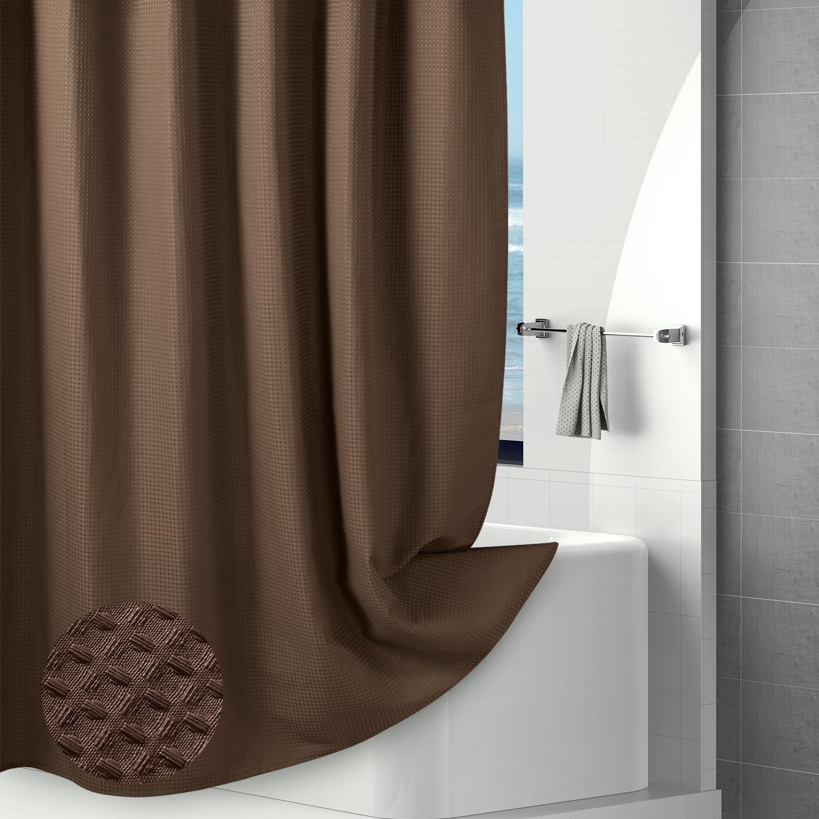 Hotel Style Waffle Weave Shower Curtain, Water Repellent Heavy Duty Fabric Texture Bath Curtain with Weighted Hem, Washable Wet Room Shower Curtains for Bathroom and Bathtub, 183x183cm, Brown