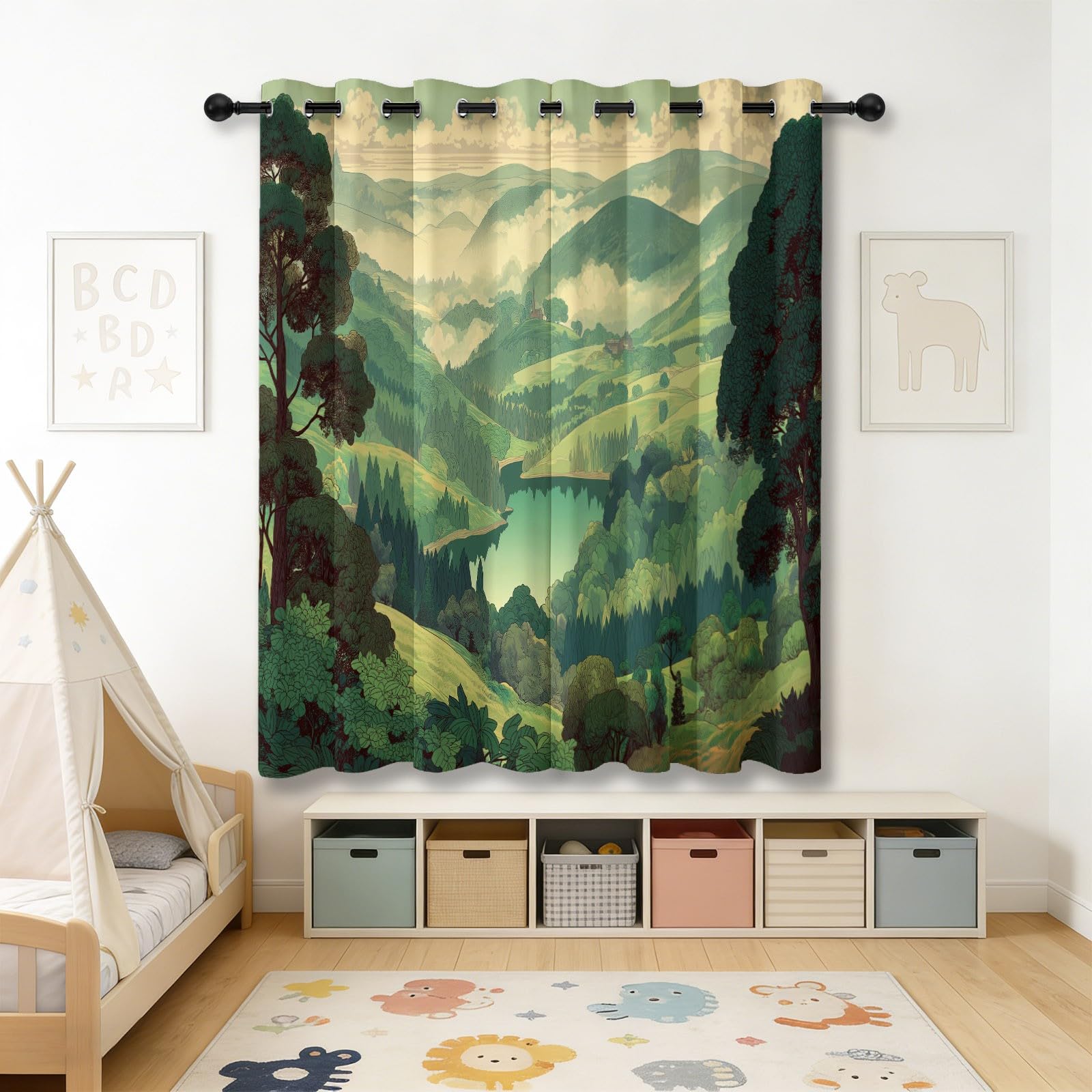 Zasłony zaciemniające 91,5 l x 160H cm (2 panele), styl kreskówkowy leśne wzgórza, draperie zapobiegające nagrzewaniu do pokoju dziecięcego, zielone