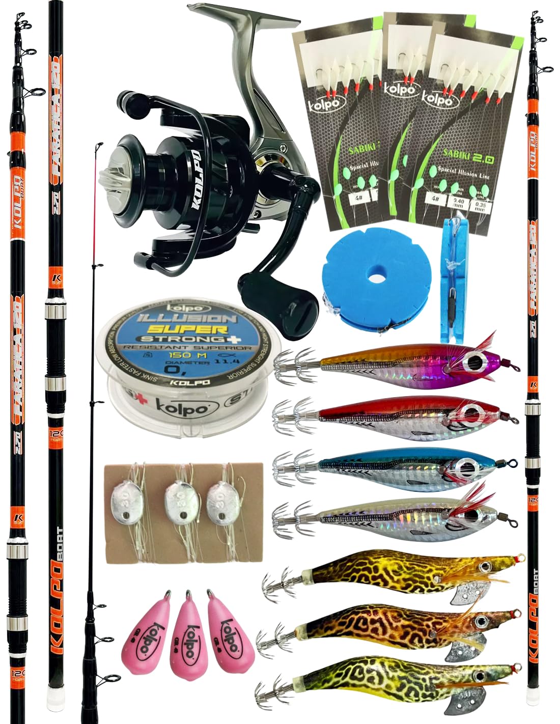 kolpo combo da pesca dalla barca PROFESSIONALE con canna telescopica + mulinello + filo + 3 lenze pronte sabiki + 3 piombi + 3 montature 3 ami + lenza professionale con ami + 7 totanare seppie totani