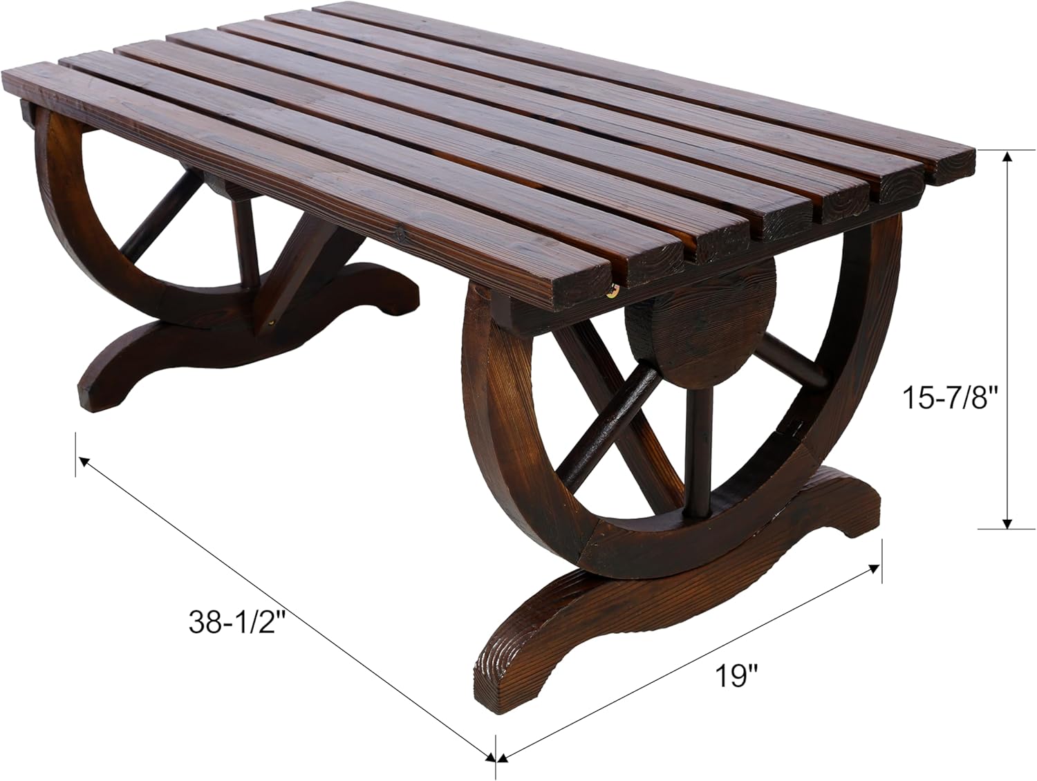 Outdoor Rustic Wooden Bench, 2 People Outdoor Bench with Wagon Wheel Legs, Garden Bench for Front Porch Furniture Patio Lawn Yard Park, Indoor and Outdoor Decor (Rustic Brown)