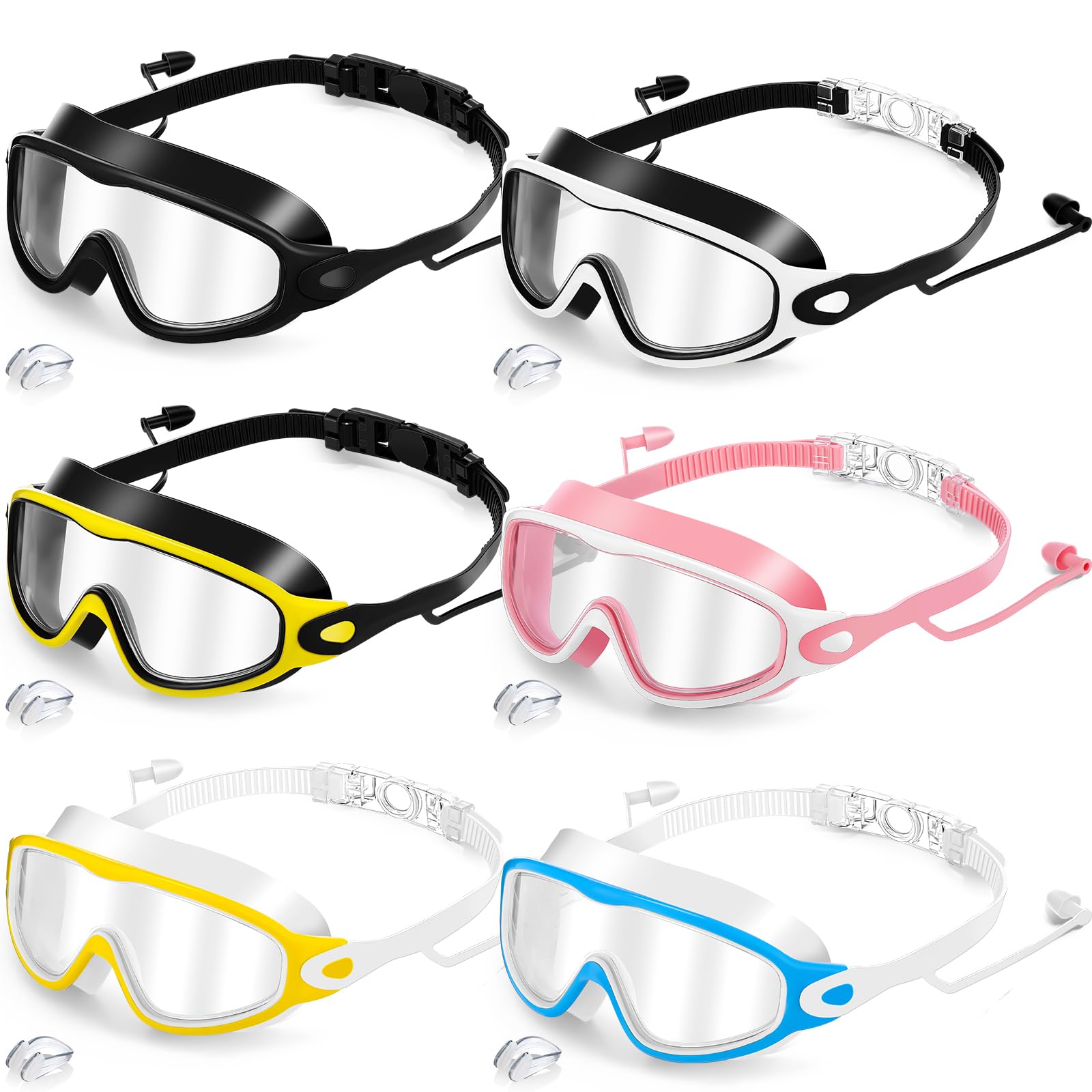 Kanayu 6 Pieces Kids Swimming Goggles Pool Goggles Anti Fog Wide View No Leaking with Wear Earplugs Nose Clip for Kids 6-13