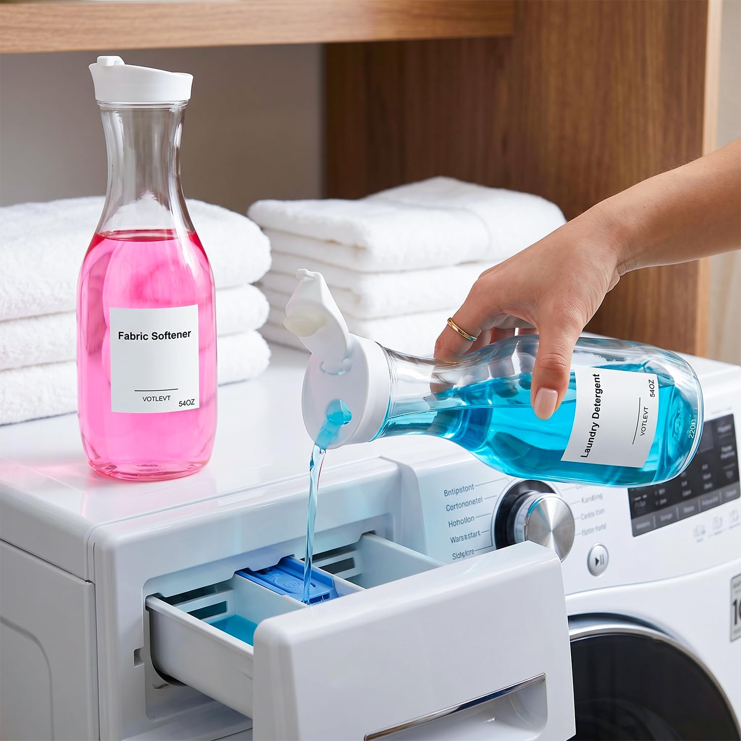 Dozownik detergentu do prania, dozownik mydła do prania, pojemnik i organizer na płynny detergent do prania, przezroczysty zmiękczacz do tkanin z tworzywa sztucznego i dozownik proszku do