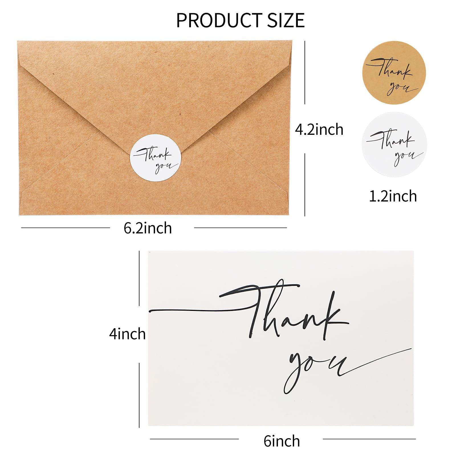 Zestaw 100 kartek z podziękowaniami z kopertami kraftowymi i białą kartką z podziękowaniami zawiera 120 naklejek w dwóch stylach, 10 x 15 cm, minimalistyczny design, na ślub, biznes, baby shower,