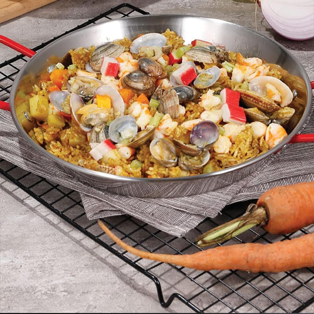 PALUPLUS Padella per Paella Valenciana per 12 Porzioni, Diametro 46 cm, Padella in Ferro Lucido, 2 Manici Rossi Verniciati, per cucinare e servire la paella, per Cene ed Eventi -461