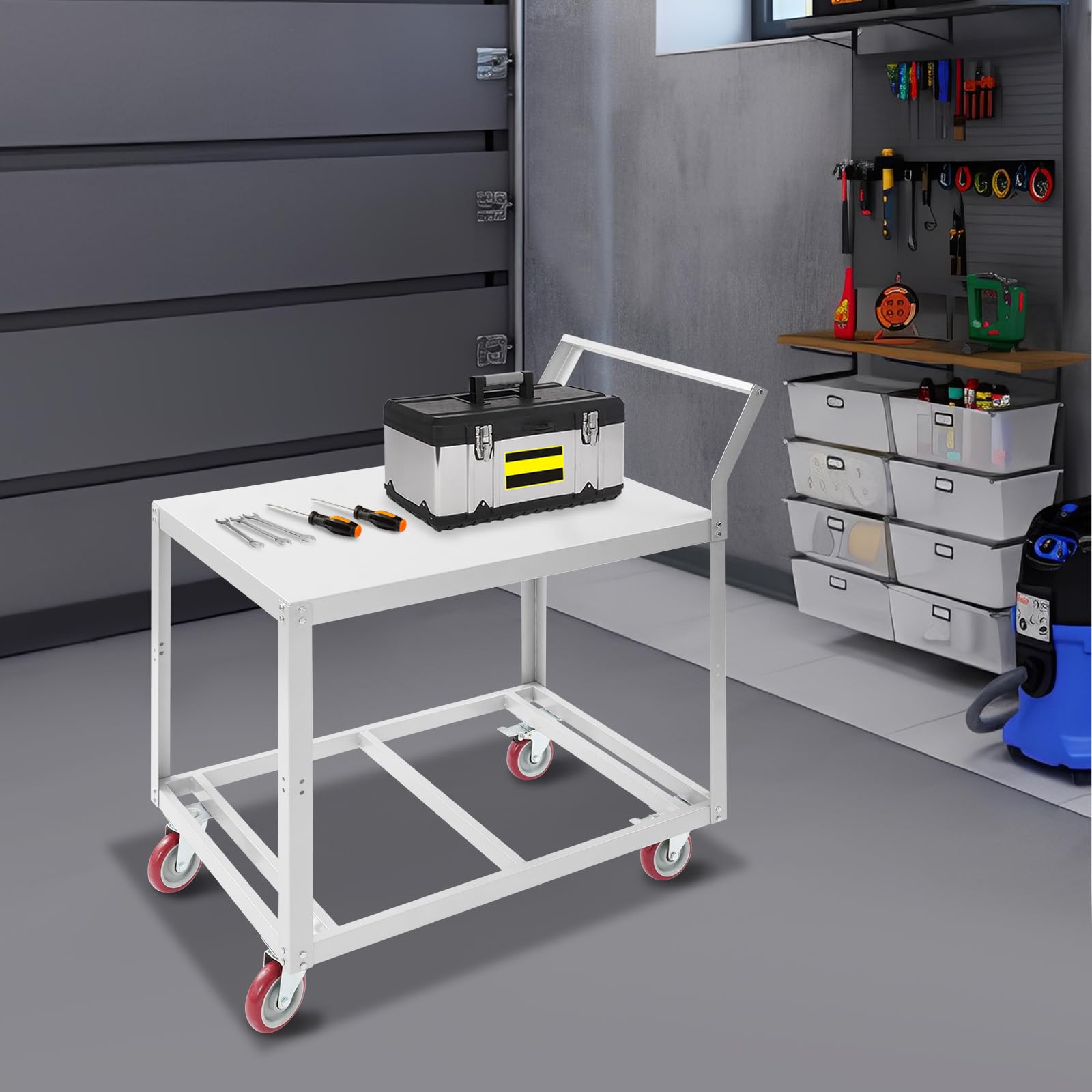 Carro de mesa de transporte, carro de taller vacío con 2 niveles, carro de plataforma con asa, carro de mano para talleres, hoteles, carga máxima: 158,76 kg, 89,92 x 59,94 x 106,43 cm, 2 ruedas