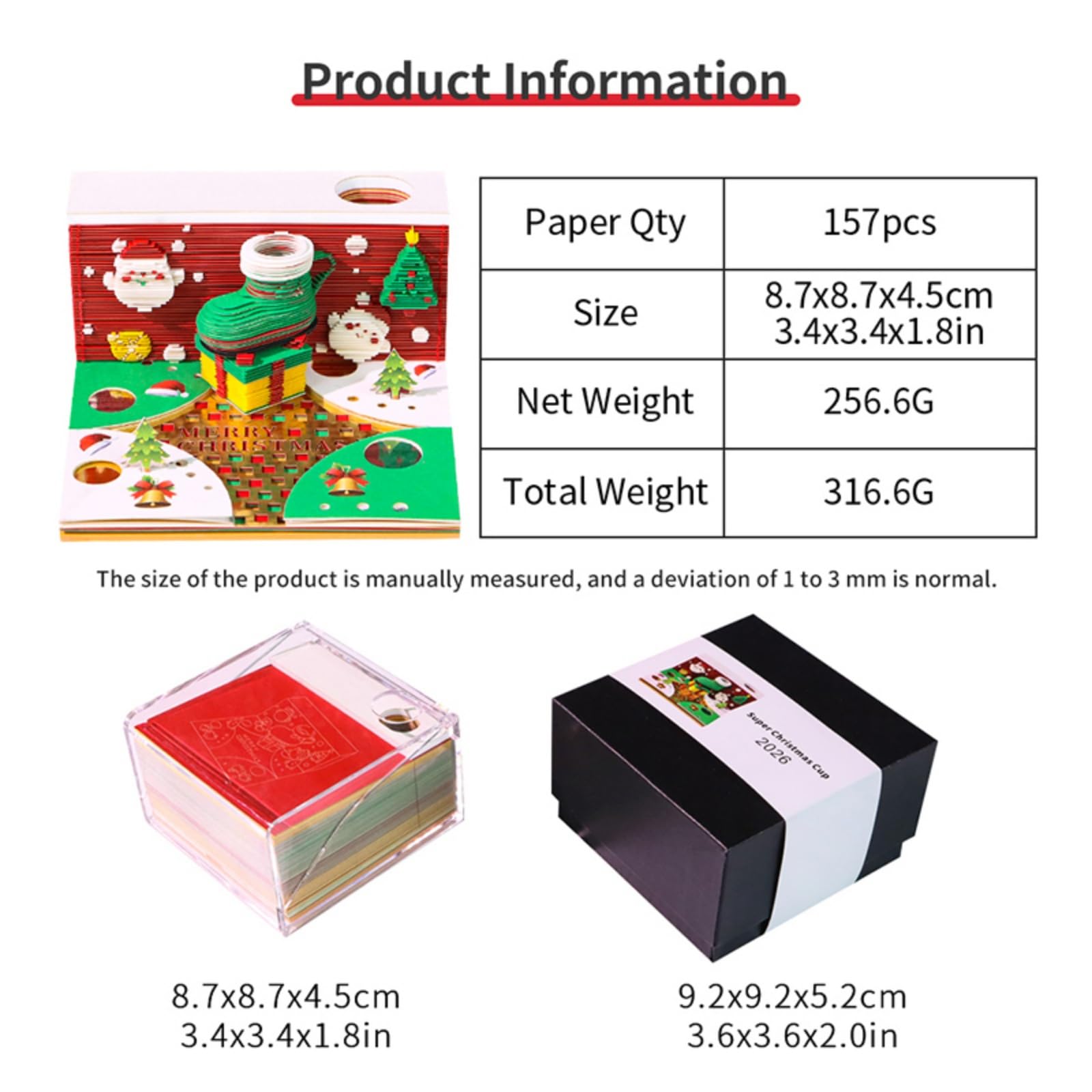 3D-Papierschnitzkalender 2026 mit LED-Licht – Abreiß-Notizblock und Notizblock, Schreibtisch-Dekoration for Weihnachten, Einweihungsfeiern, Zuhause und Büro