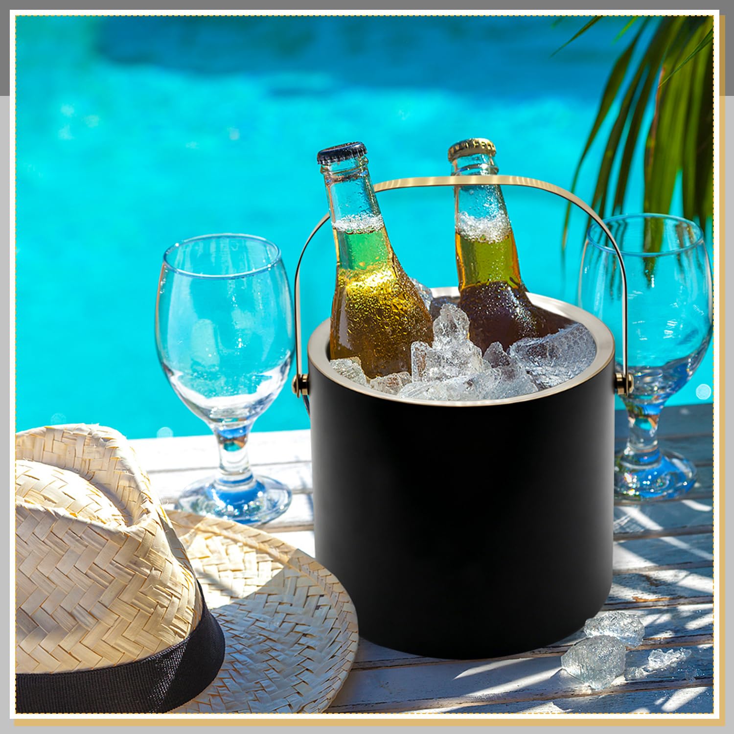 Anvin Cubo de hielo de acero inoxidable de doble pared de 3 L con pinzas, cuchara y colador de hielo, enfriador de cóctel aislado, soporte para champán, accesorio lateral para barbacoas, fiestas