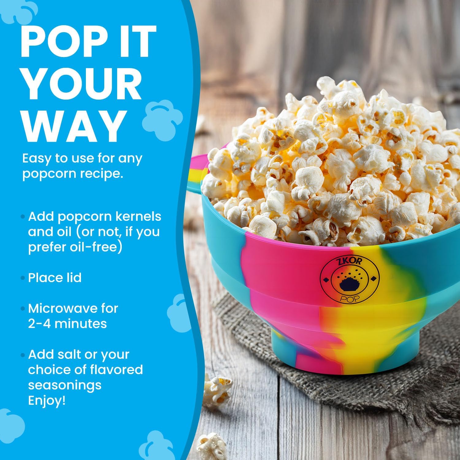 Microwavable Silicone Popcorn Popper- Collapsible Bowl-Microwave Popcorn Maker- Reusable - Air Popped Popcorn No Oil- BPA Free- 100% Food grade Silicone- Dishwasher Safe- Zkor Pop Trio 3 pack