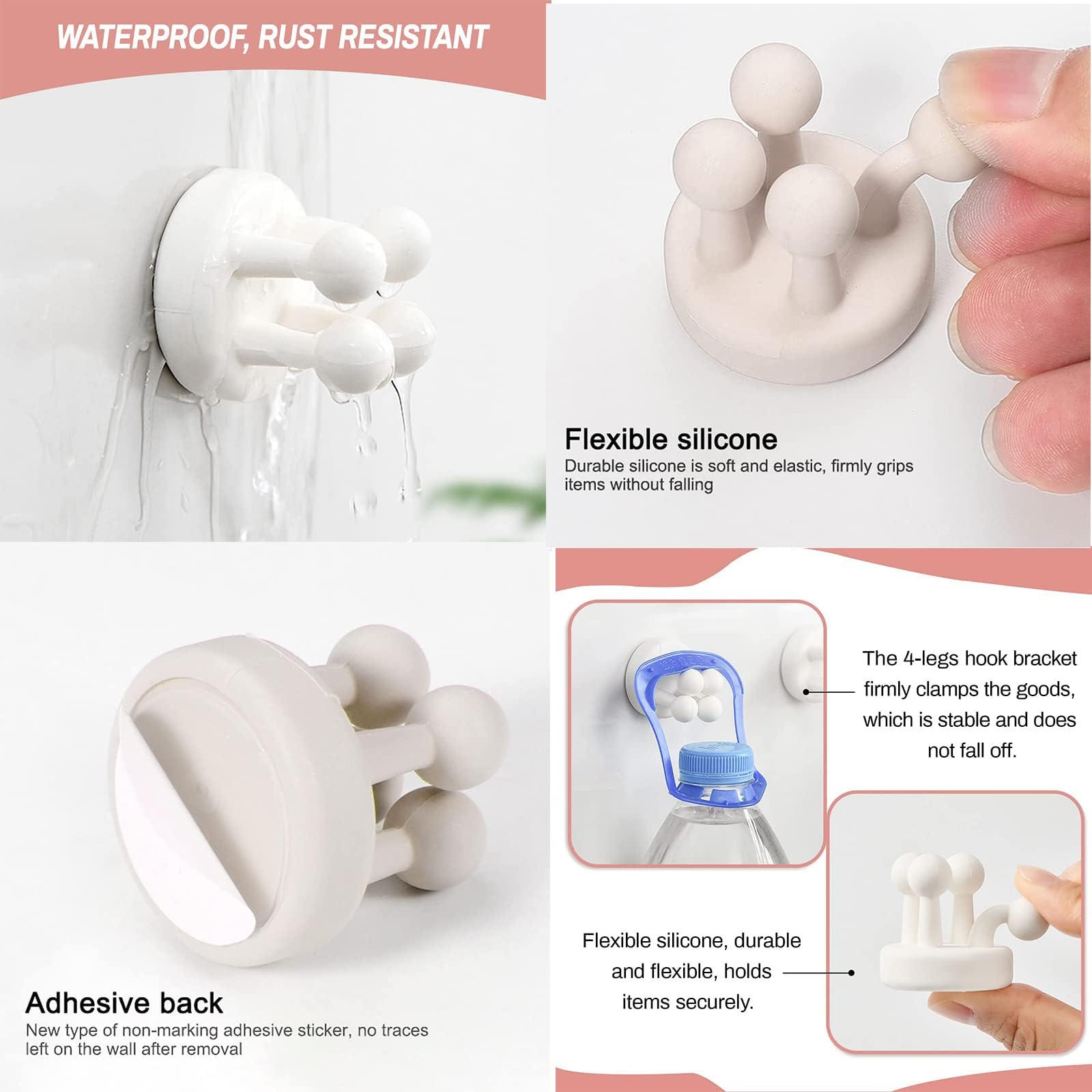 Portaspazzolino in Silicone,4 PCS Portaspazzolino da Denti Gancio Multifunzione Supporto per Rasoio Autoadesivo Montato a Parete Gancio Singolo per Appendere Bagno Cucina Soggiorno Ufficio
