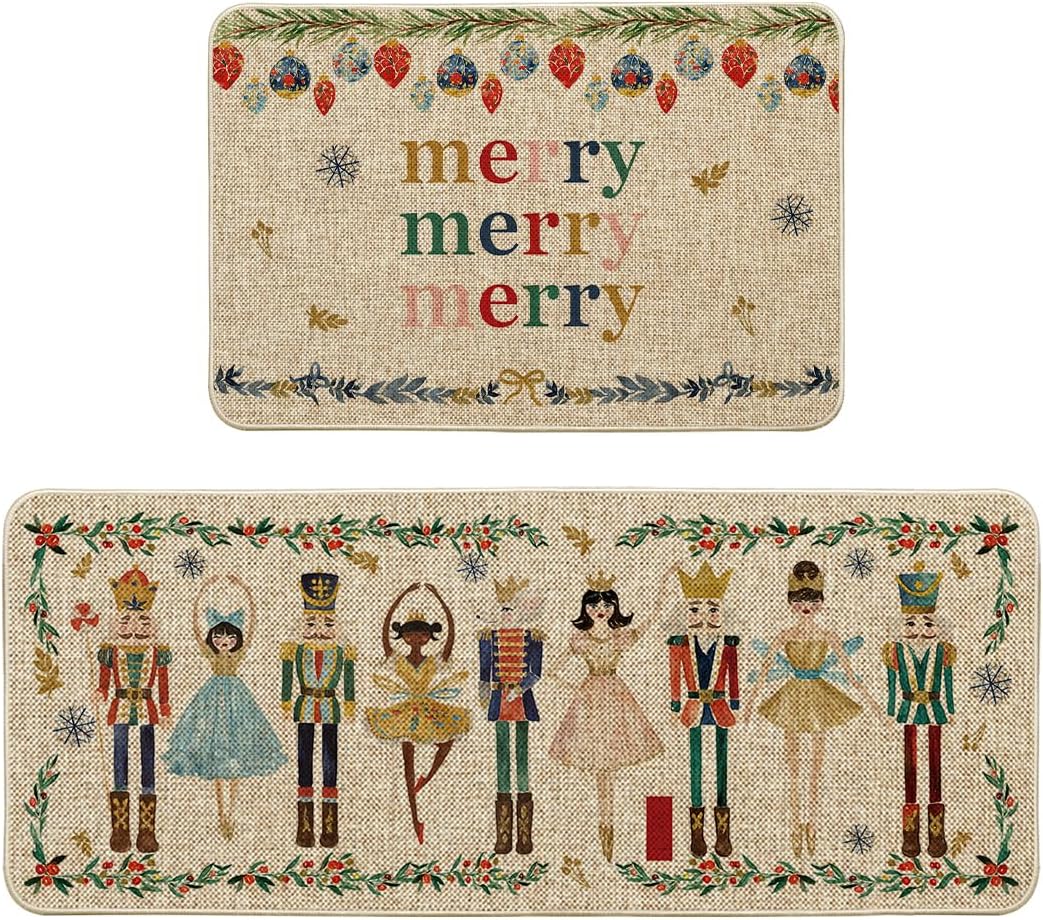 artoid mode watercolor nutcrackers merry christmas decorative kitchen mats set of 2, home party low-profile kitchen rugs - 24x35 and 24x59 inch 24" x 35" /24" x 59" beige