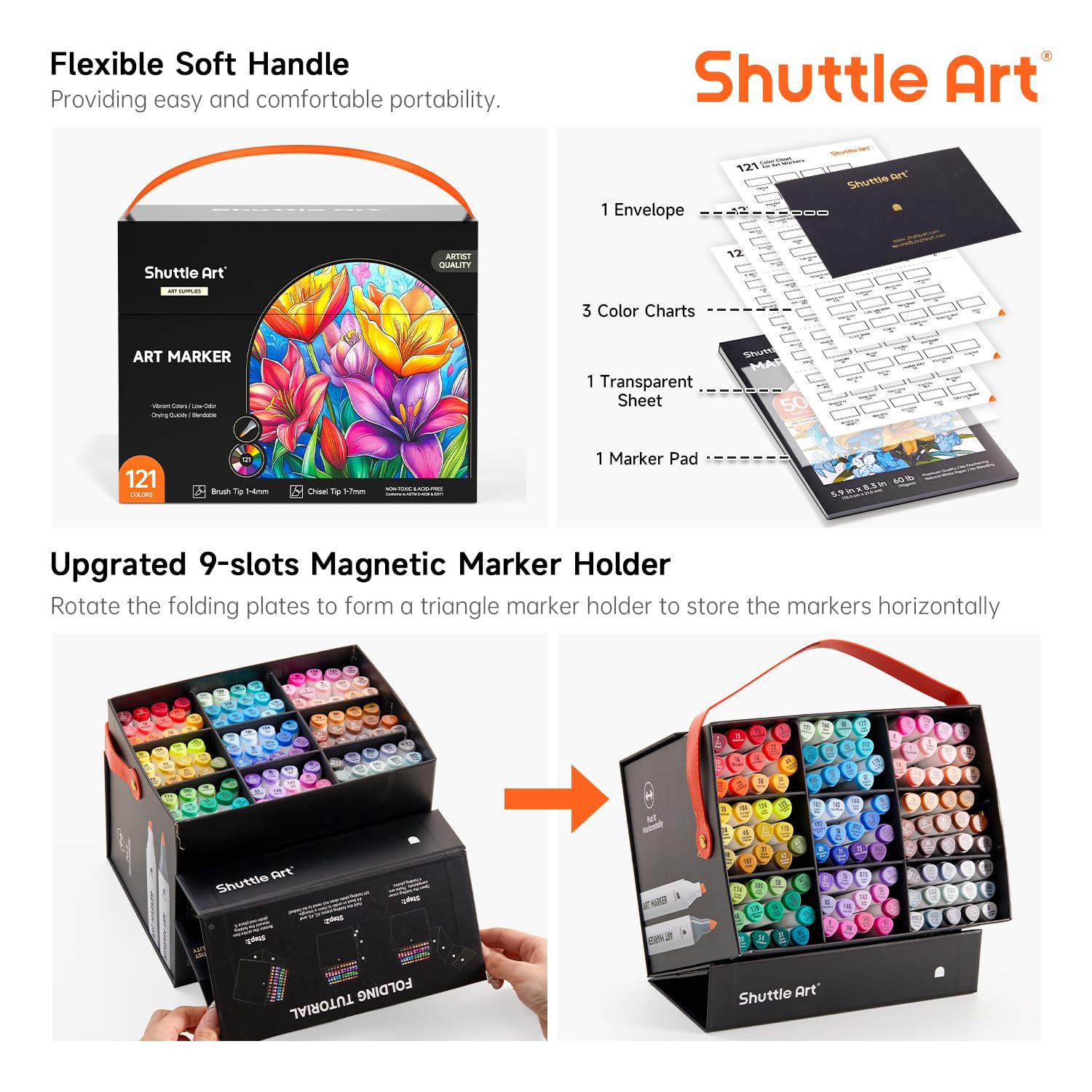 Shuttle Art Alkohol-Marker mit Pinselspitze, Doppelspitze, Pinsel und Keilspitze, Kunst-Marker-Set, 121 Farben, Marker mit organisierter Hülle, perfekt für Illustrationen, Kinder, Studenten