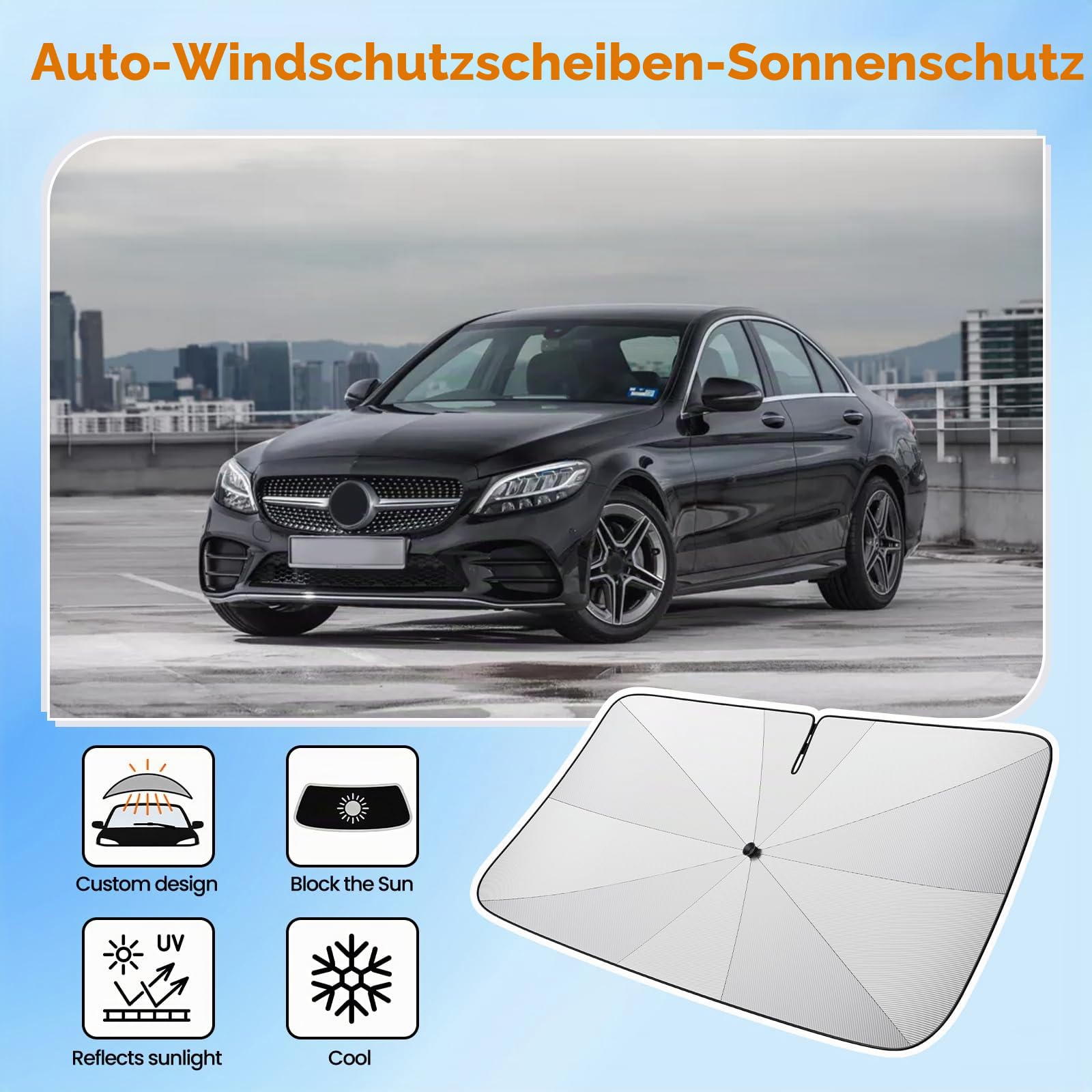 [2026 Upgrade] BSTW Kompatibel mit Mercedes C-Classe W205 2016-2021 und W206 2022-2026 Sonnenschutz für Frontscheibe, Automatisch Faltbar Pull-Cord-Sonnenschirm Fiberglas-Skelett UV-Schutz Hitzeschutz