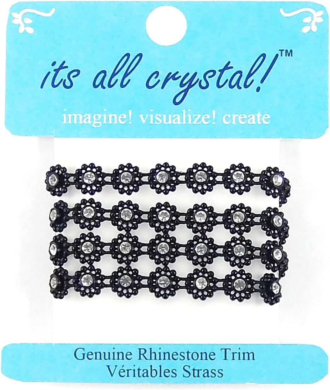 Genuine Rhinestones Braid Trim Strap - Black Finish -Flowers Shapes for Wedding Supply Dress Invitations Evening Wear Doll Renaissance Outfit Gift Wraps-1 Pc