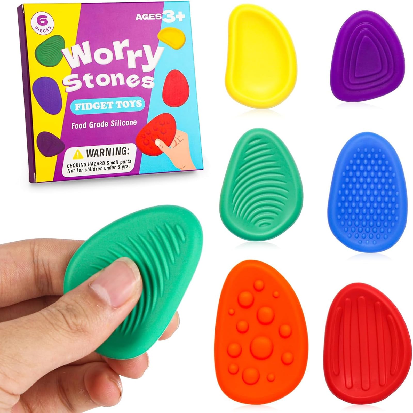 JoyJoyful Fidget Toys for Kids Adults, 6PCS Hard Worry Stones Sensory Toys for Autism ADHD, Quiet Textured Classroom Fidgets for Anxiety Relief, Non-Sticky Calming Gifts