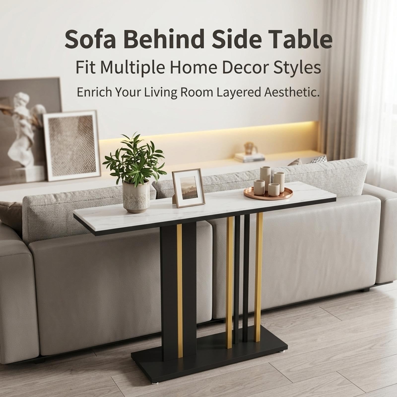 Console d'entrée Demi-Lune étroite en faux marbre avec structure métal