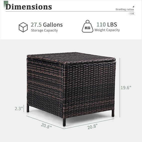 VINGLI 27 Gallon Outdoor Deck Box, Wicker Outdoor Storage Box with Lid, Small Storage Bin Container for Outside and Patio, Patio Rattan Side Table for Yard Porch (Brown, Square)