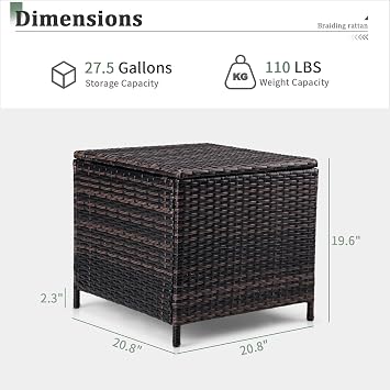 VINGLI 27 Gallon Outdoor Deck Box, Wicker Outdoor Storage Box with Lid, Small Storage Bin Container for Outside and Patio, Patio Rattan Side Table for Yard Porch (Brown, Square)