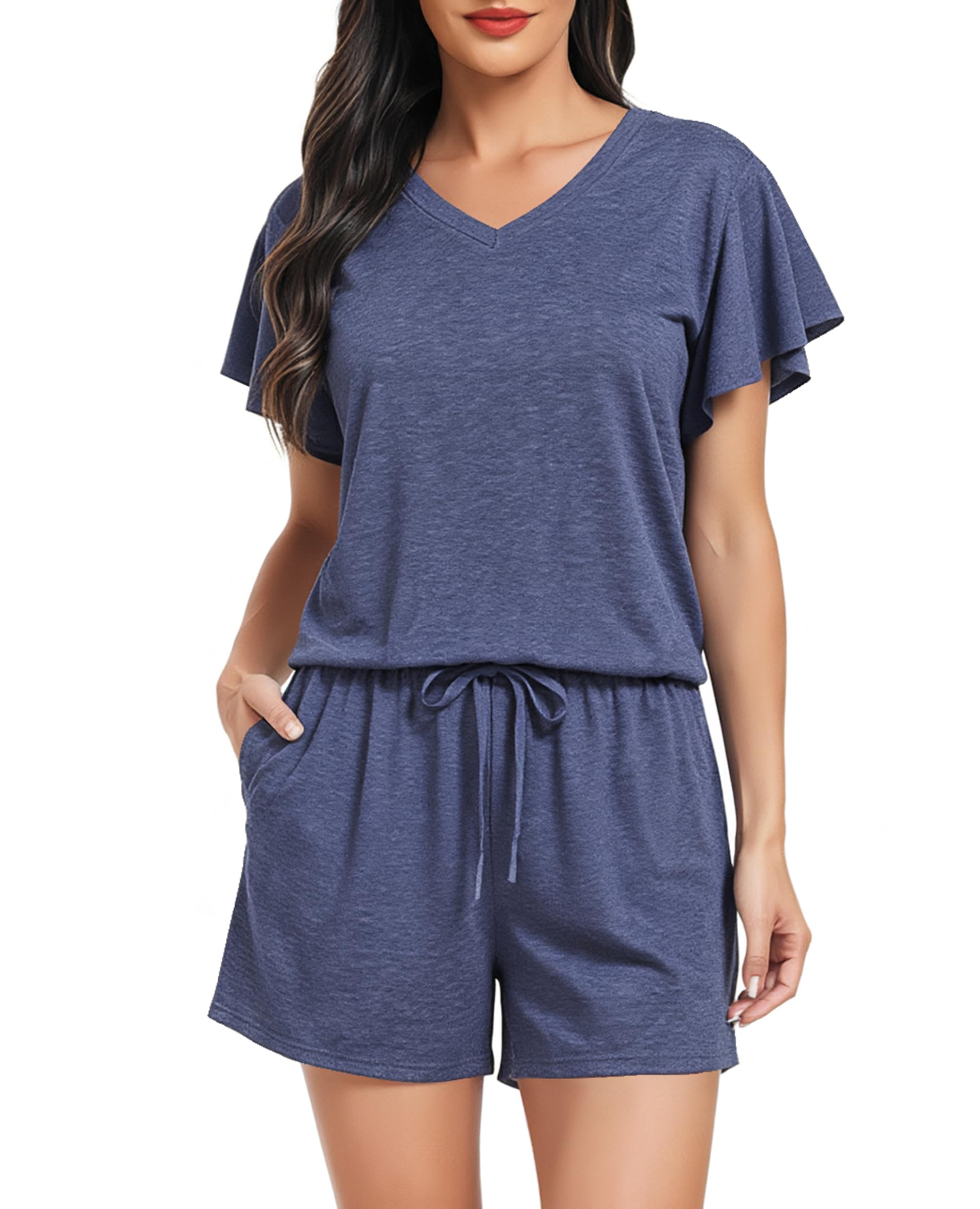 Lovasy Kurzer Schlafanzug Damen Sommer Pyjama Set Kurzarm V-Ausschnitt Schlafanzüge für Damen mit Taschen