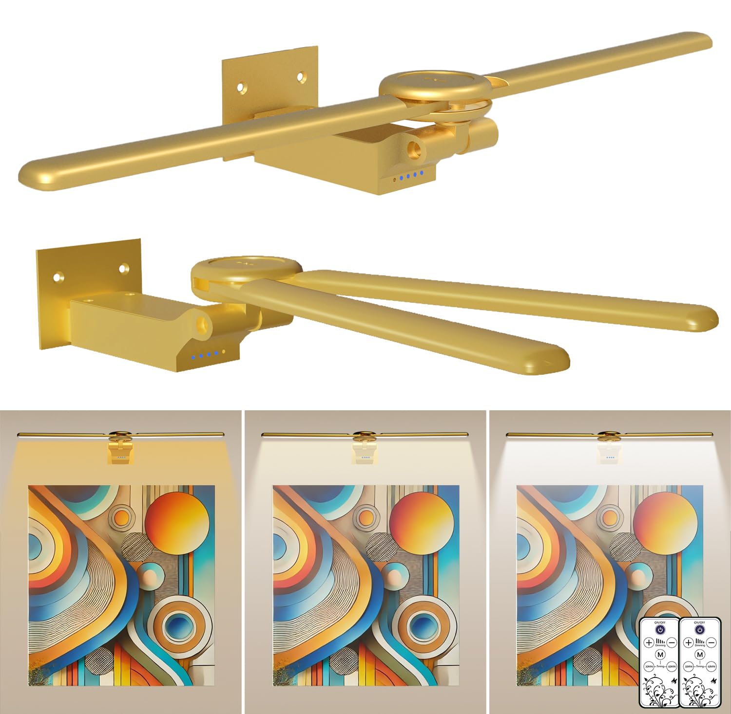 cotaros 2 Pack Picture Light for Wall, 18in Rechargeable Wall Art Light with Timer and Dimmable, Battery Operated Painting Frame Light with Remote Control for Bedroom, Living Room, Dartboard (Gold)