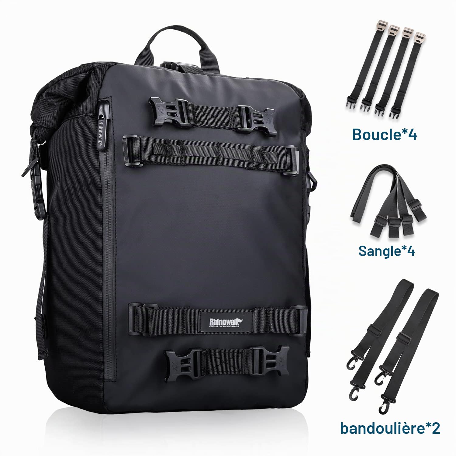 Rhinowalk Sacoche de selle pour moto – sac de porte-bagages étanche, sacoche extensible arrière 20L, modulaire combinable pour les voyages et les randonnées – Noir