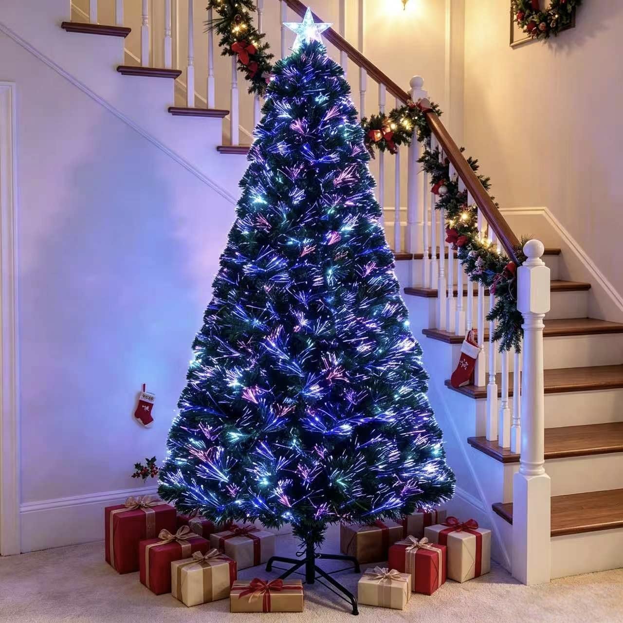 VeryMerry 6FT Fibre Optic Christmas Tree with Timer Lights, Pre-Lit Artificial Xmas Tree, 8 Hours On 16 Hours Off Timer Function, Indoor Christmas Decoration — image 1