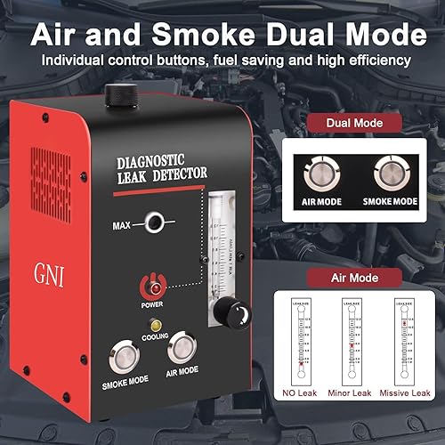 Miniatura 5 de GNI Máquina de humo con bomba de aire incorporada automotora, detector de fugas portátil con medidor de flujo, modo humoaire DC12V máquina de humo